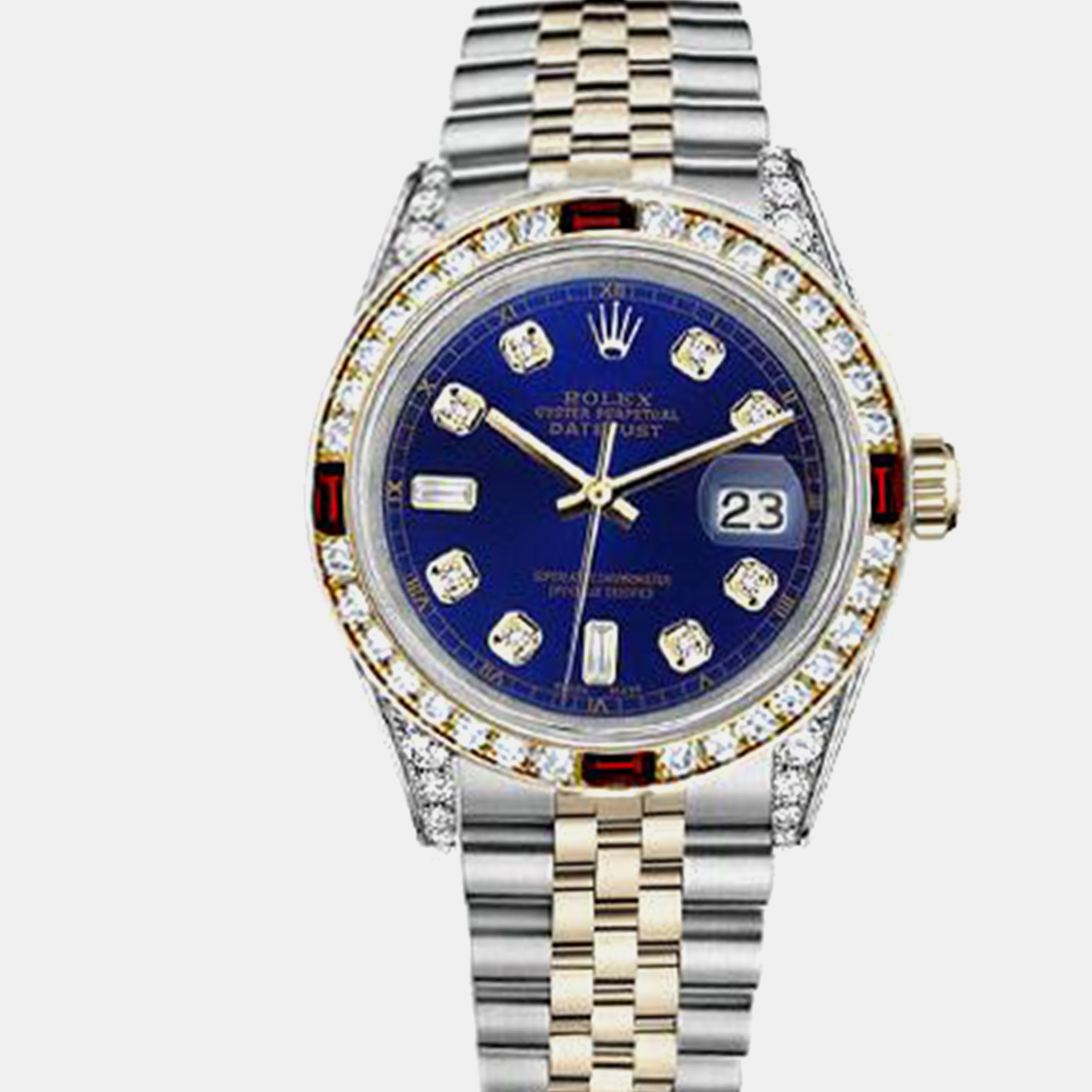 

Rolex Customised Blue Diamond 18K Yellow Gold Stainless Steel Datejust 16013 Automatic Men's Wristwatch