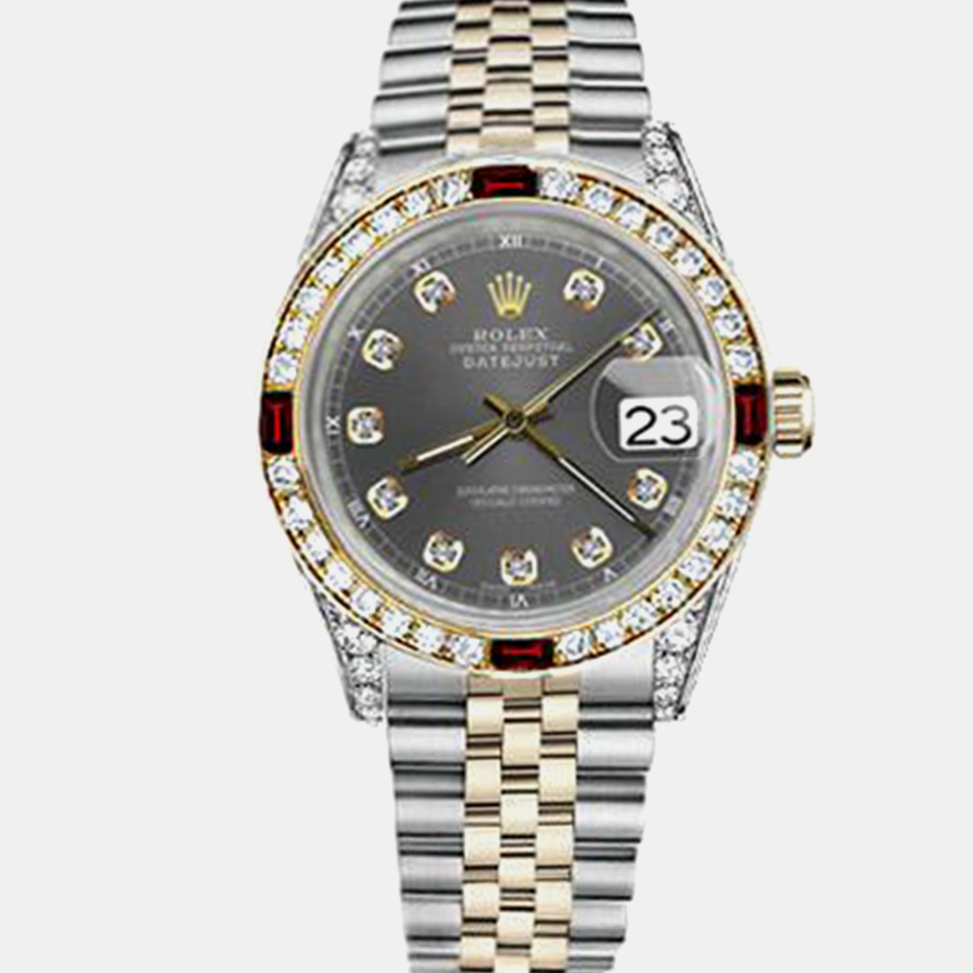 

Rolex Customised Grey Diamond 18K Yellow Gold Stainless Steel Datejust 16013 Automatic Men's Wristwatch