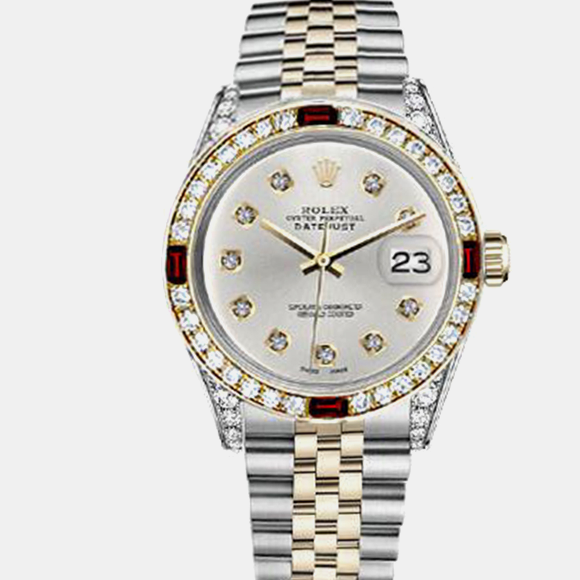

Rolex Customised Silver Diamond 18K Yellow Gold Stainless Steel Datejust 16013 Automatic Men's Wristwatch