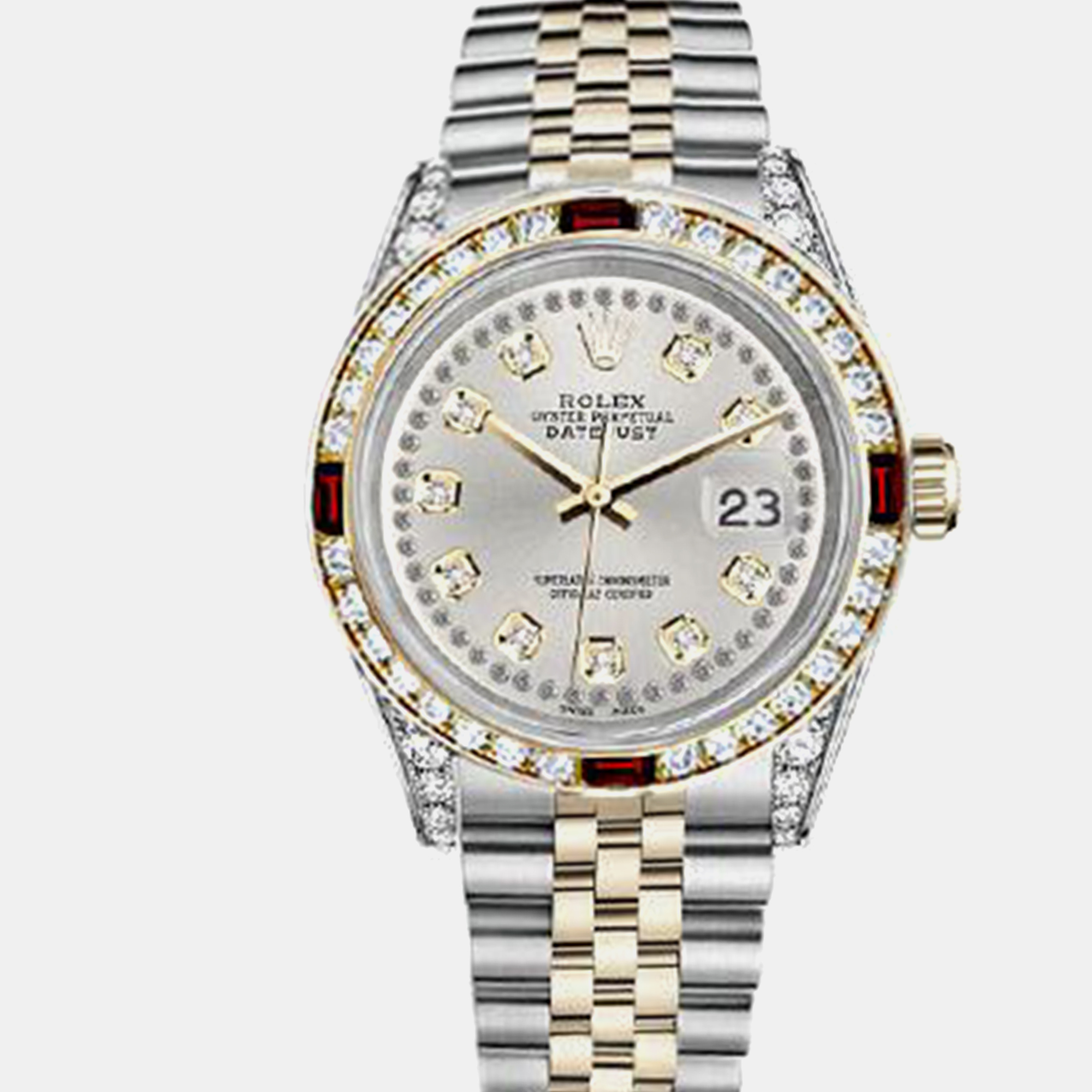 

Rolex Customised Silver Diamond 18K Yellow Gold Stainless Steel Datejust 16013 Automatic Men's Wristwatch