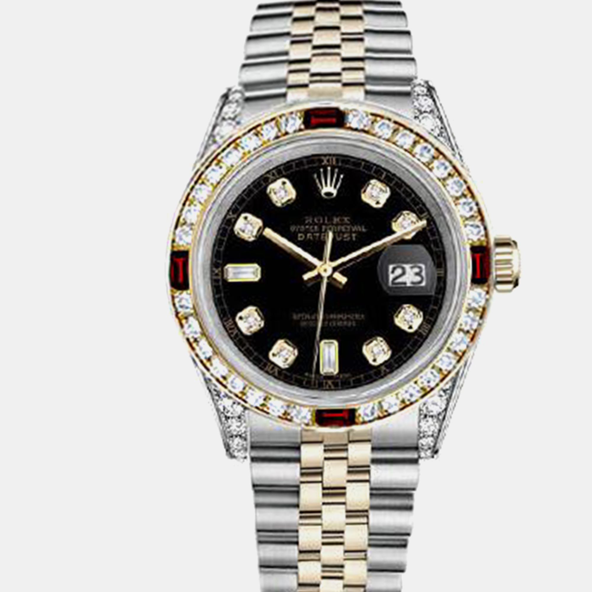 

Rolex Customised Black Diamond 18K Yellow Gold Stainless Steel Datejust 16013 Automatic Men's Wristwatch