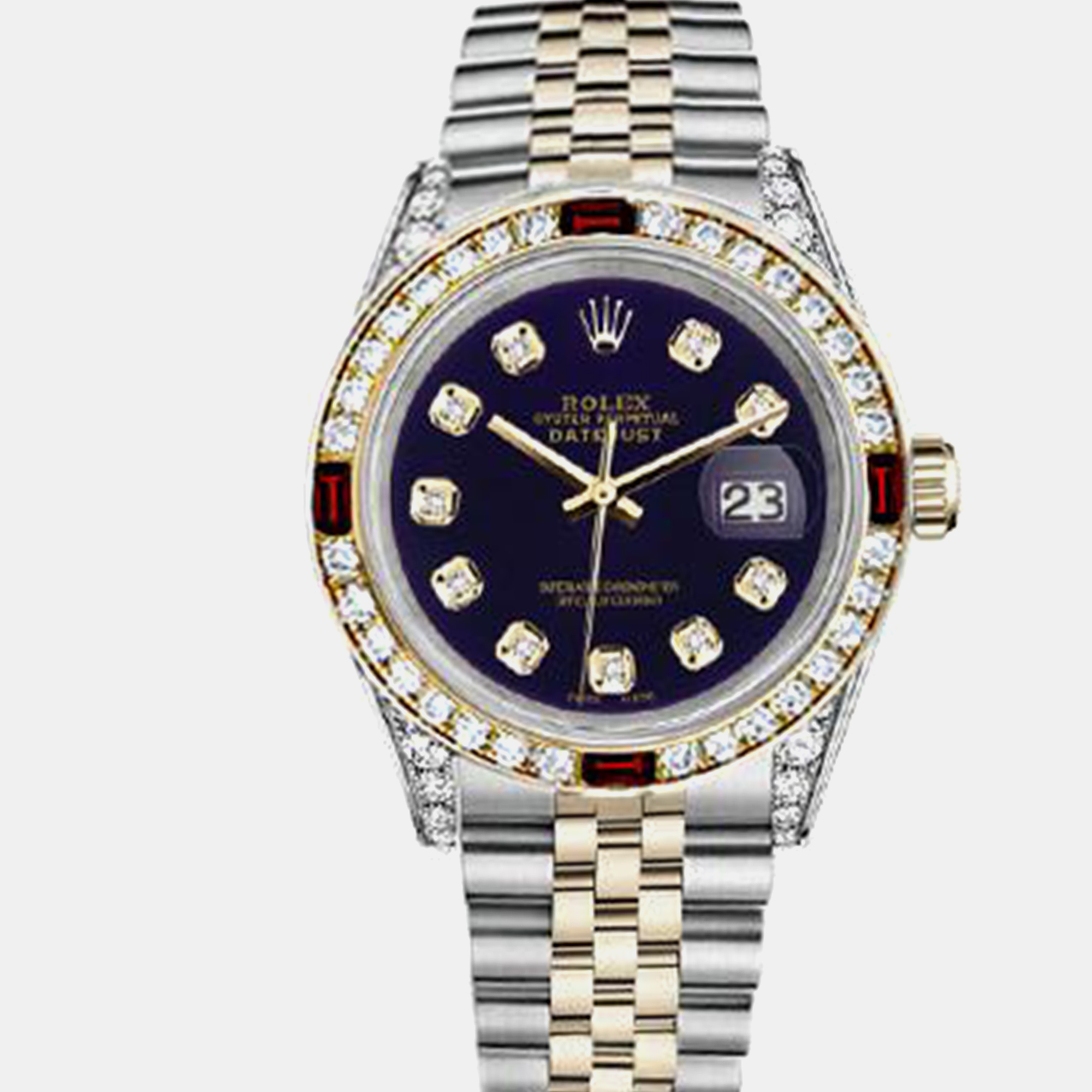

Rolex Customised Purple Diamond 18K Yellow Gold Stainless Steel Datejust 16013 Automatic Men's Wristwatch, Black