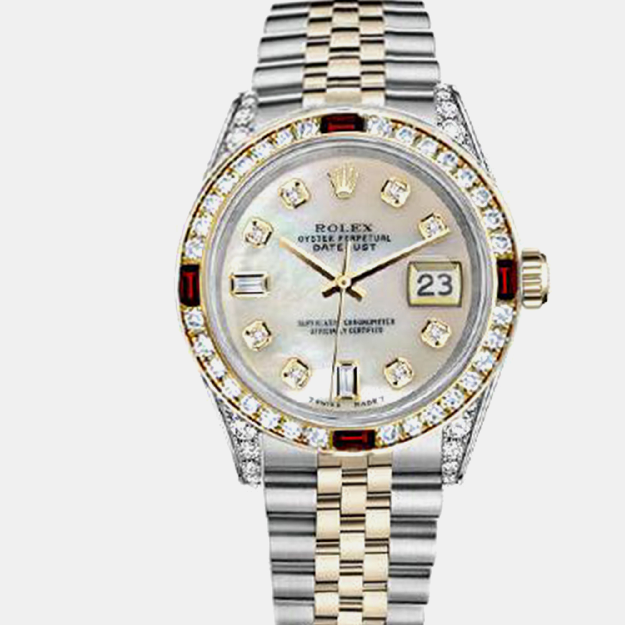 

Rolex Customised White MOP Diamond 18K Yellow Gold Stainless Steel Datejust 16013 Automatic Men's Wristwatch