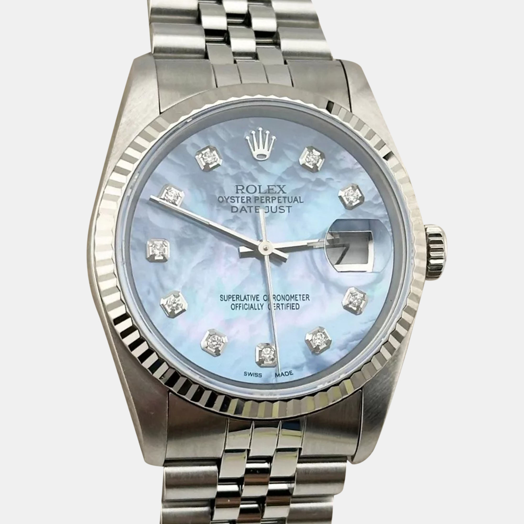 

Rolex Blue MOP Diamond 18K White Gold Stainless Steel Datejust 16234 Automatic Men's Wristwatch 36 mm