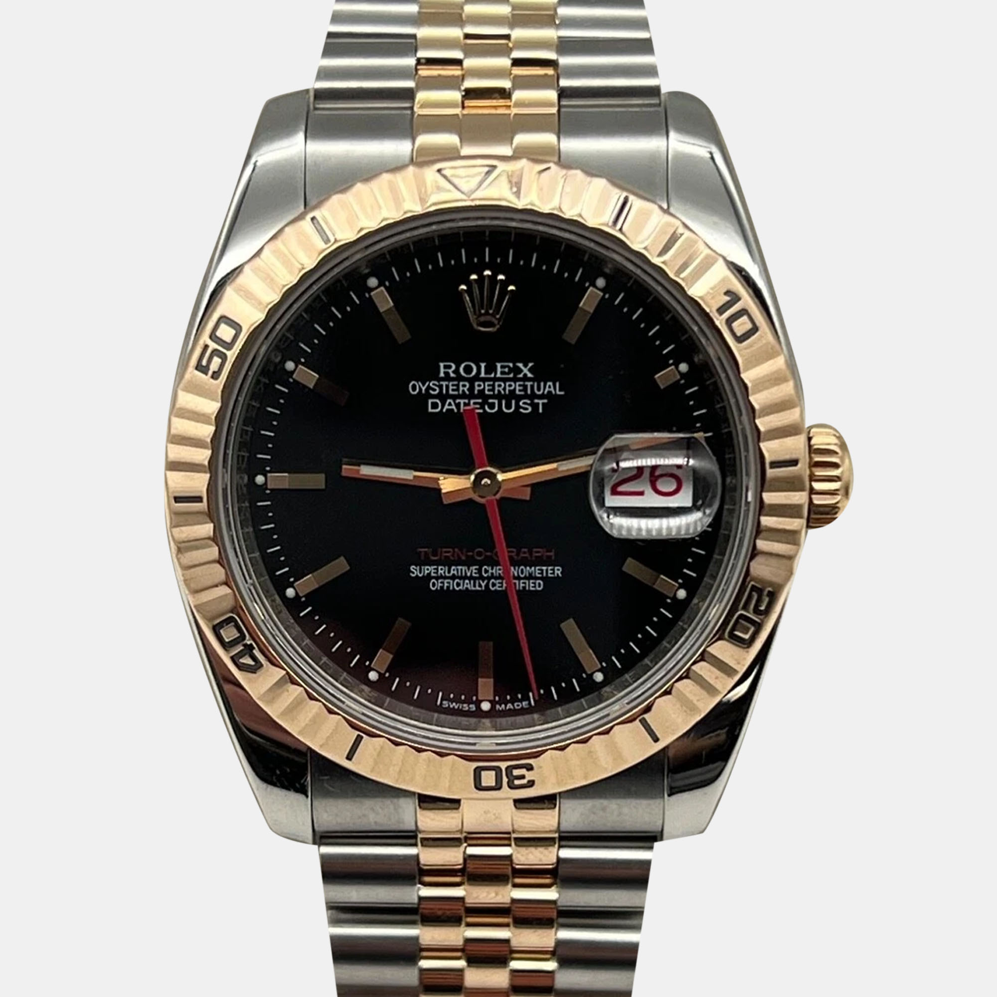 

Rolex Black 18k Rose Gold Stainless Steel Datejust Turn-O-Graph 116261 Automatic Men's Wristwatch 36 mm