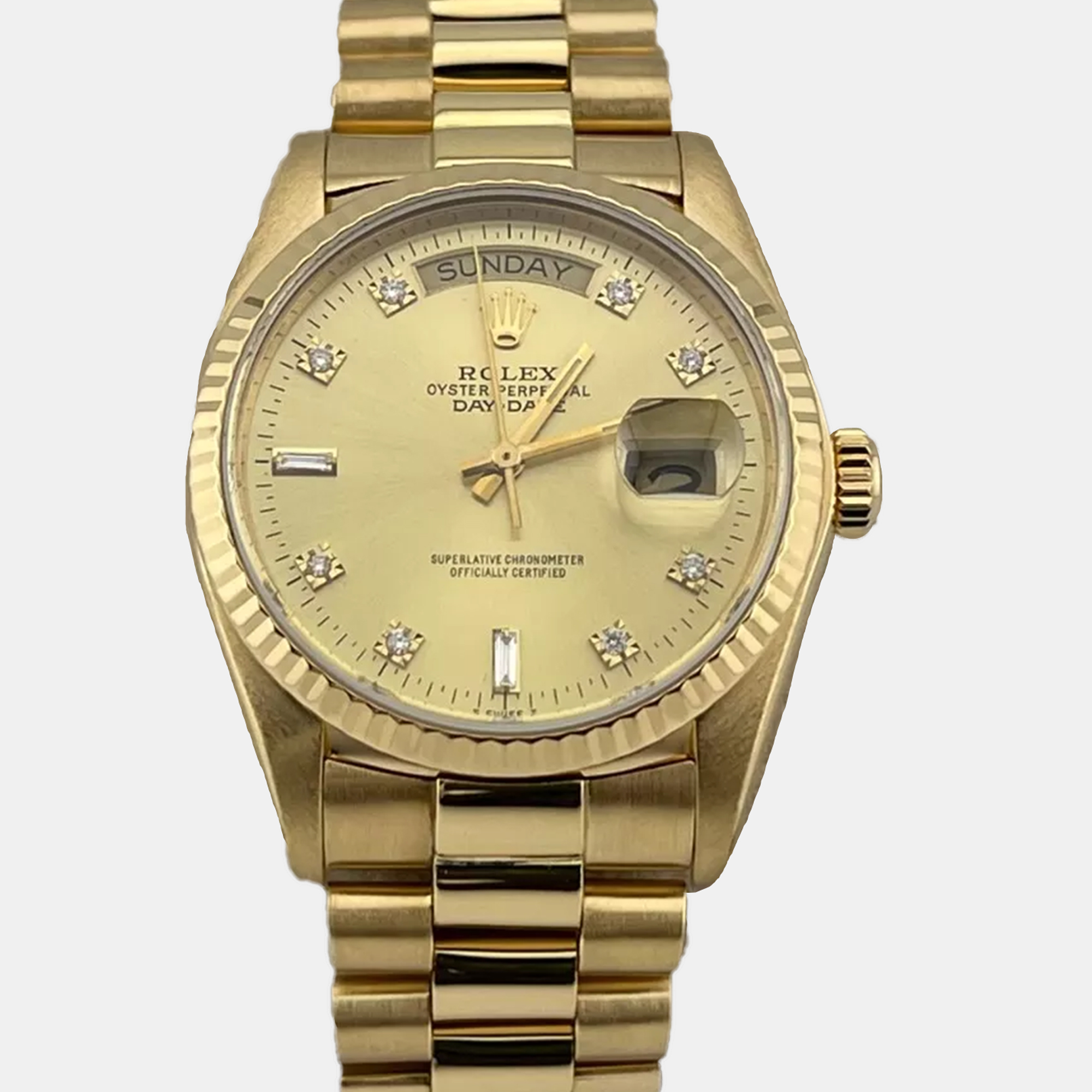 

Rolex Champagne Diamond 18k Yellow Gold Day - Date President 18038 Automatic Men's Wristwatch 36 mm