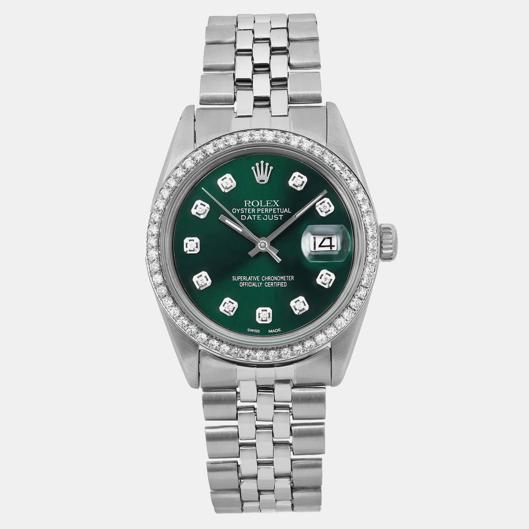 

Rolex Custom Green Diamond Stainless Steel Datejust 1601 Automatic Men's Wristwatch 36 mm
