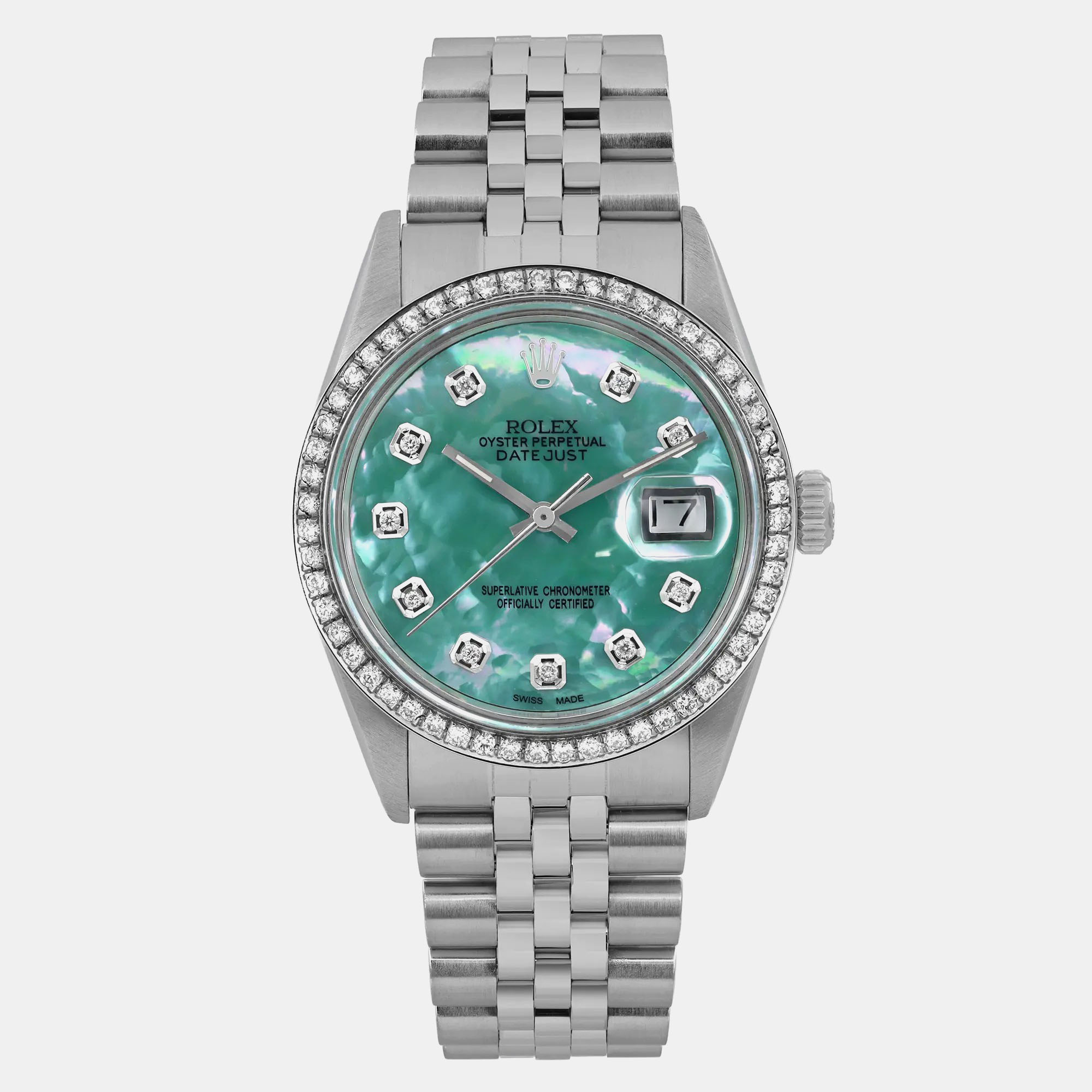 

Rolex Custom Green Turquoise Diamond Stainless Steel Datejust