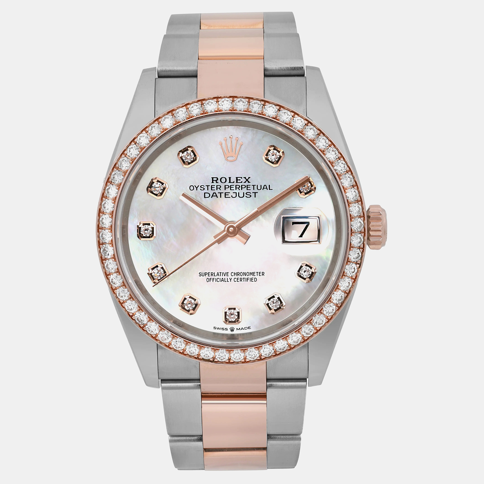 

Rolex MOP Diamond 18K Rose Gold Stainless Steel Datejust 126281RBR Automatic Men's Wristwatch 36 mm, White