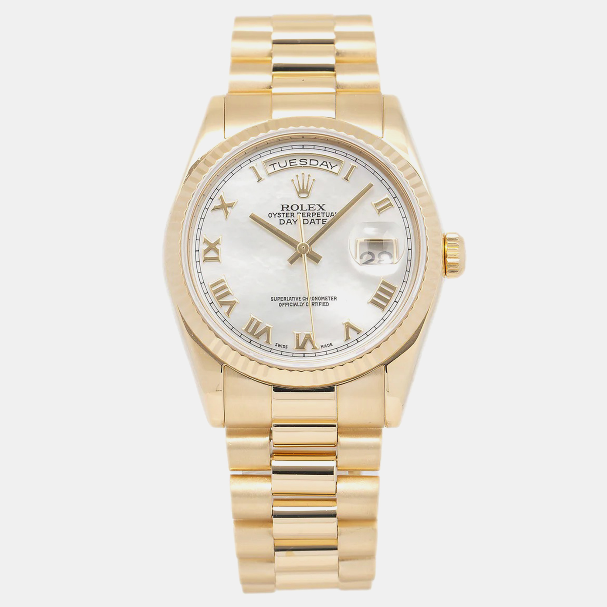 

Rolex Silver 18K Yellow Gold Mother of Pearl Day-Date 118238 Automatic Men's Wristwatch