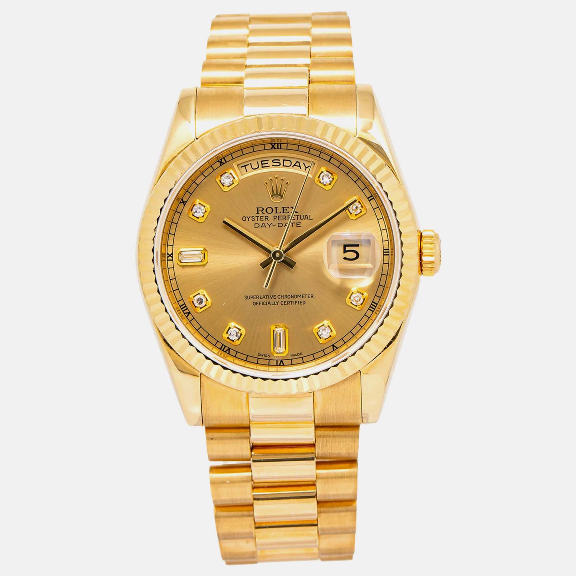

Rolex Day Date President 118238 Champagne 18k Yellow Gold Diamond Automatic Men's Wristwatch 36 mm