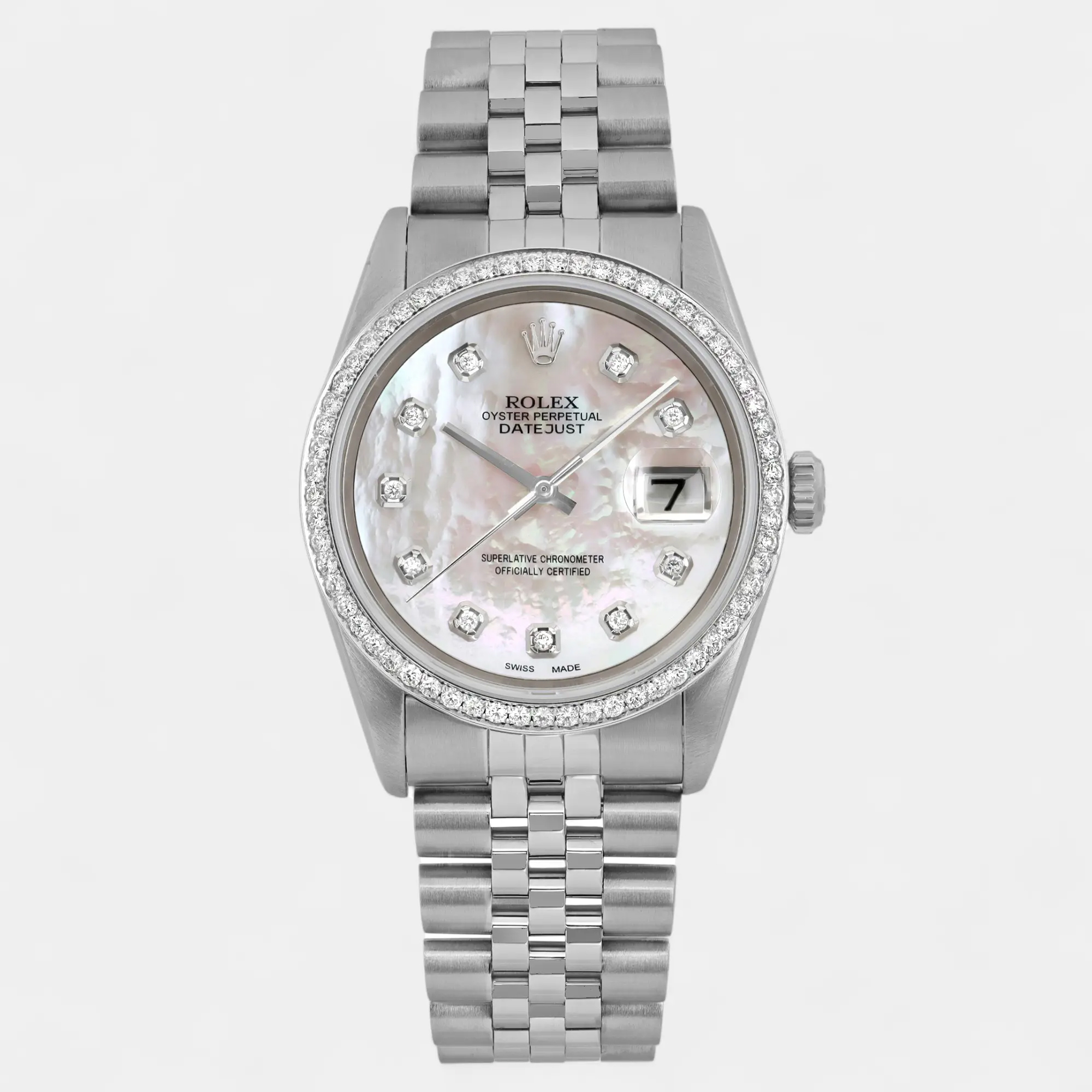 

Rolex Datejust 16200 Automatic Custom White MOP Diamond Dial Stainless Steel Men's Wristwatch 36 mm