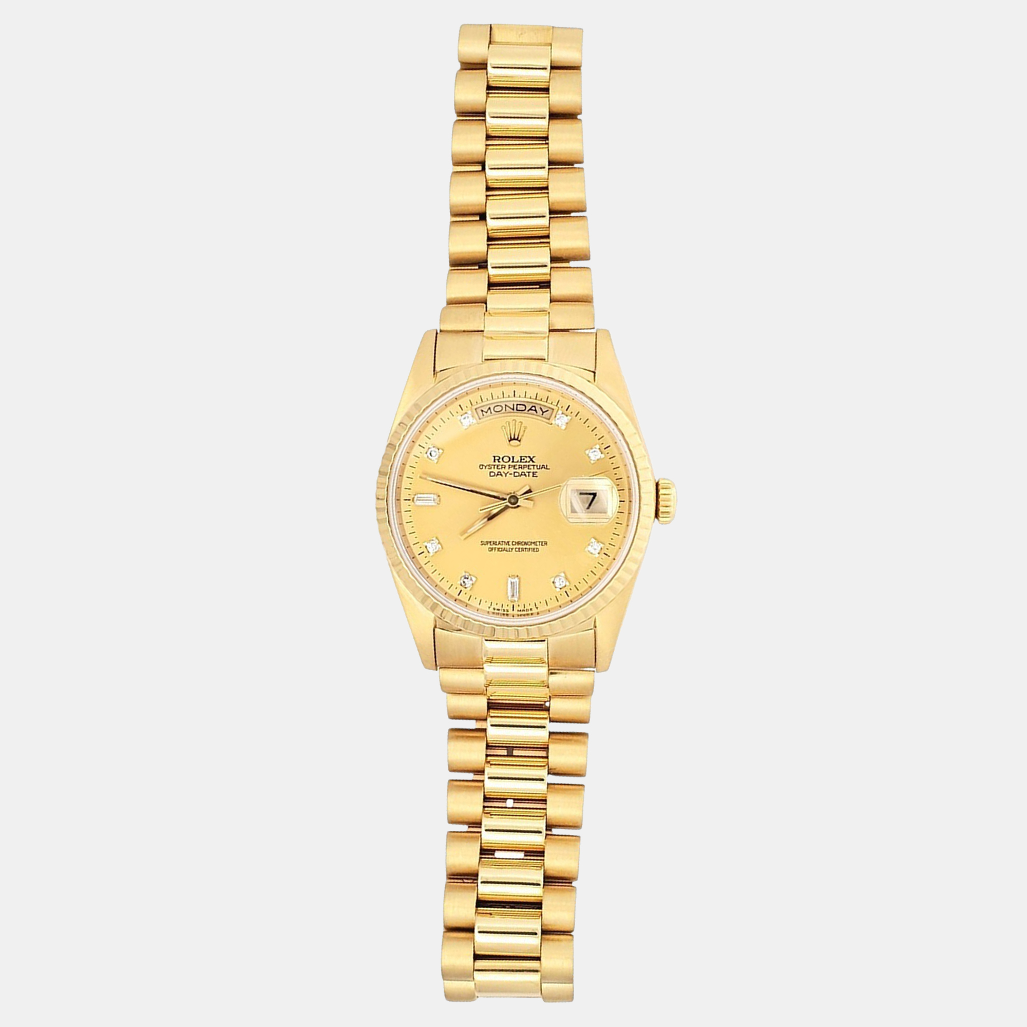 

Rolex Day-Date 18038 Automatic Champagne Diamond 18K Yellow Gold Men’s Wristwatch 36 mm