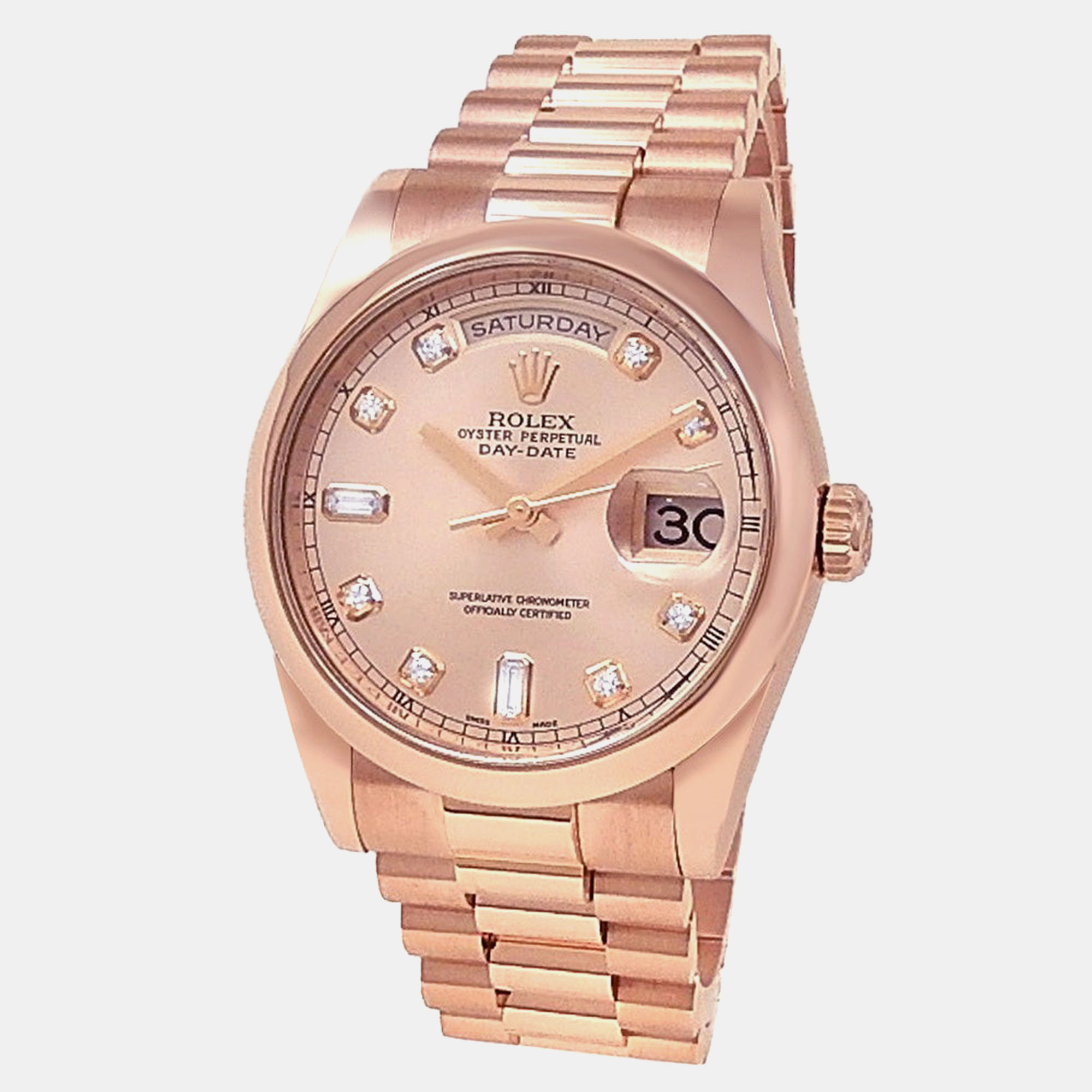

Rolex Day-Date 118205 Automatic Pink Diamond 18K Everose Gold Men’s Wristwatch 36 mm