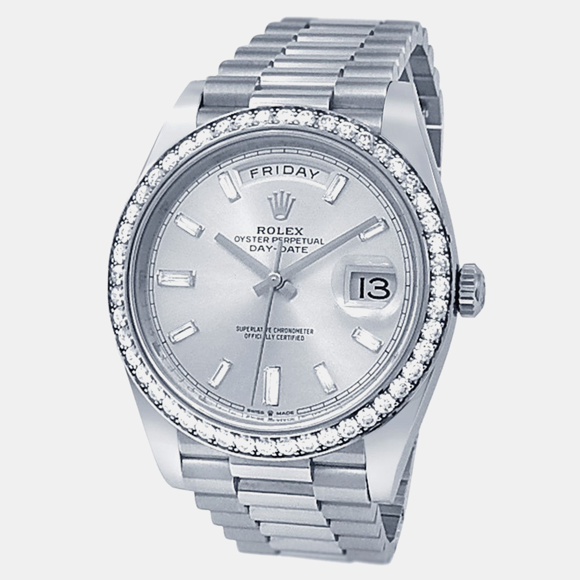 

Rolex Day-Date 228349RBR Automatic Silver Diamond 18K White Gold Men’s Wristwatch 40 mm