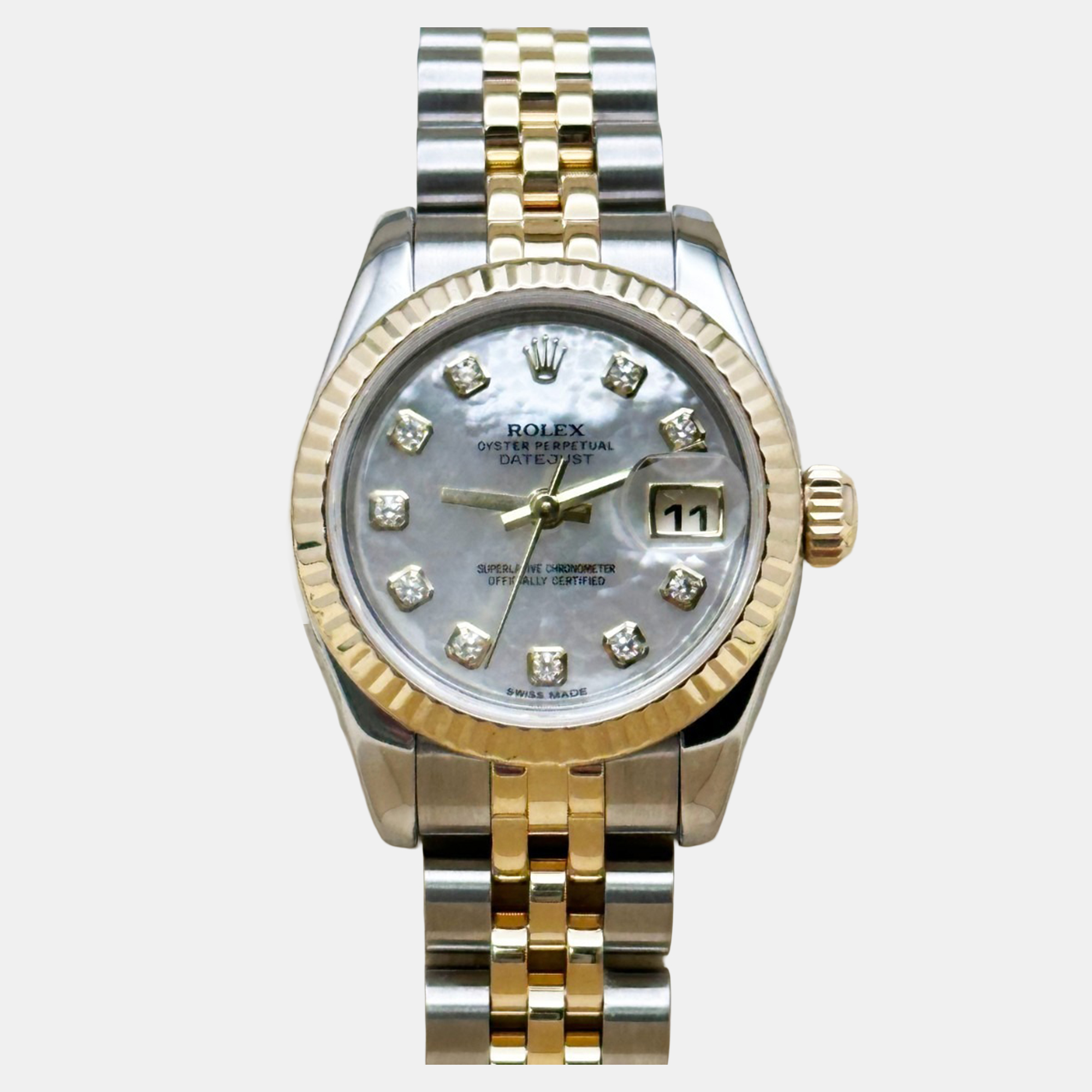 

Rolex President Datejust 179173 Automatic Mother Of Pearl Diamond 18k Yellow Gold Stainless Steel Men's Wristwatch 26 mm, Silver