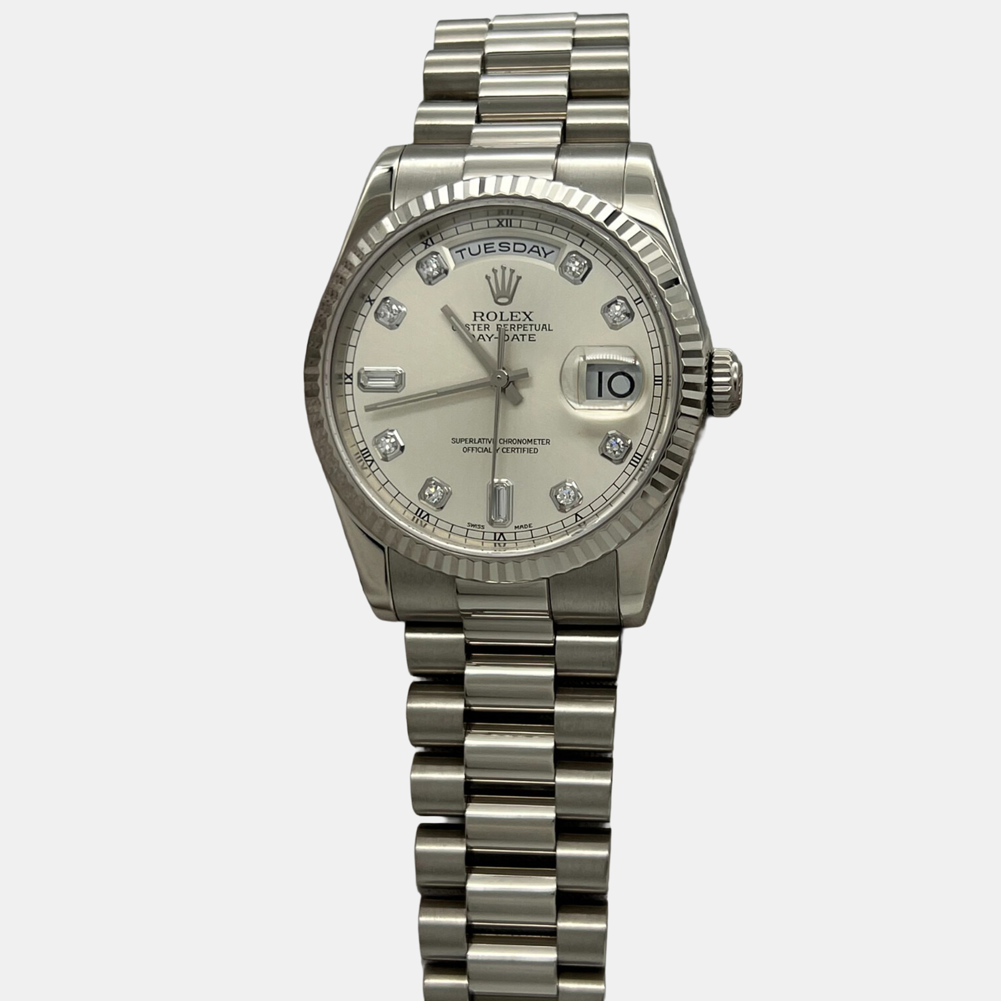

Rolex President Day-Date 118239 Automatic Silver Diamond 18k White Gold Men's Wristwatch 36 mm