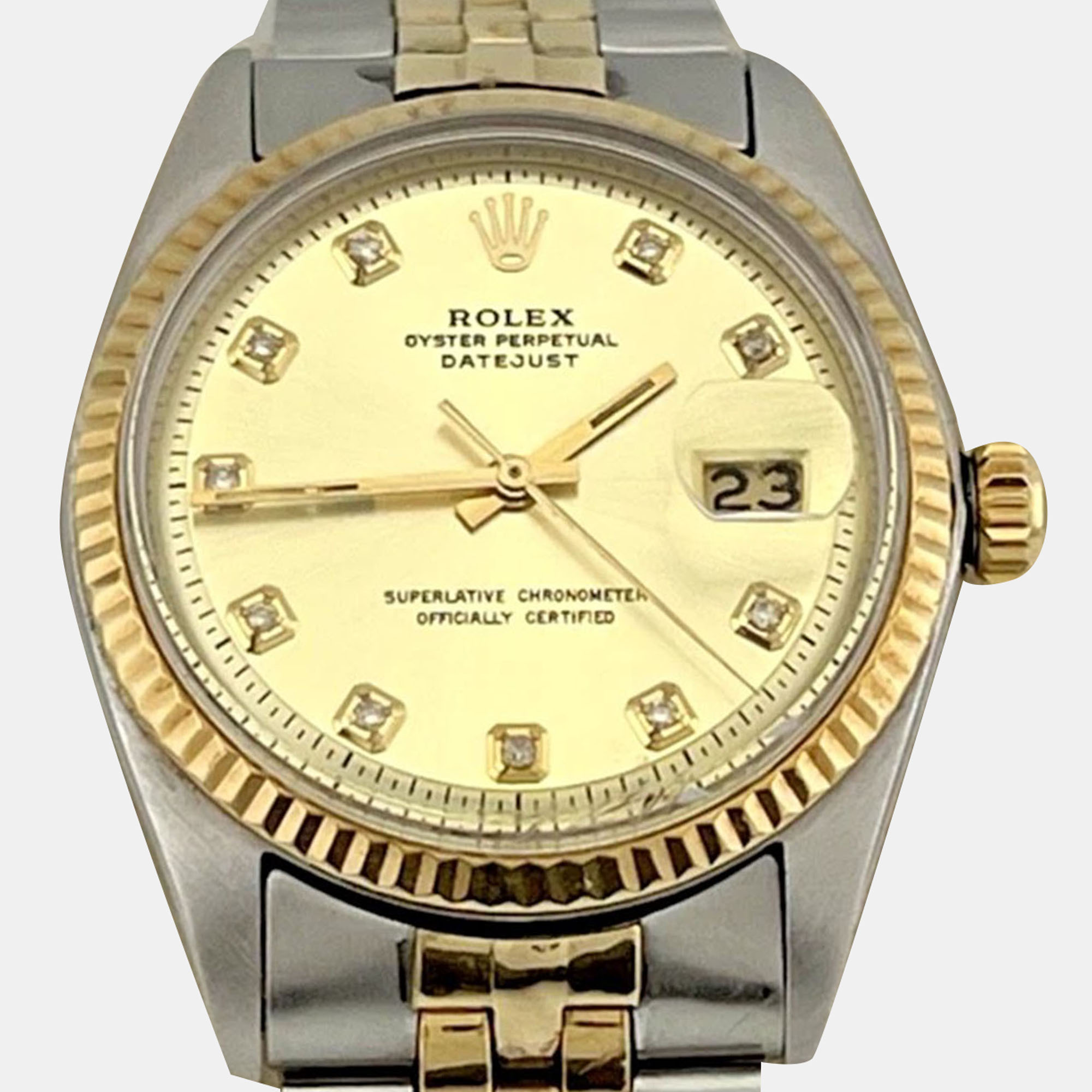 

Rolex Datejust 1601 Automatic Champagne Diamond 14k Yellow Gold Stainless Steel Men's Wristwatch 36 mm