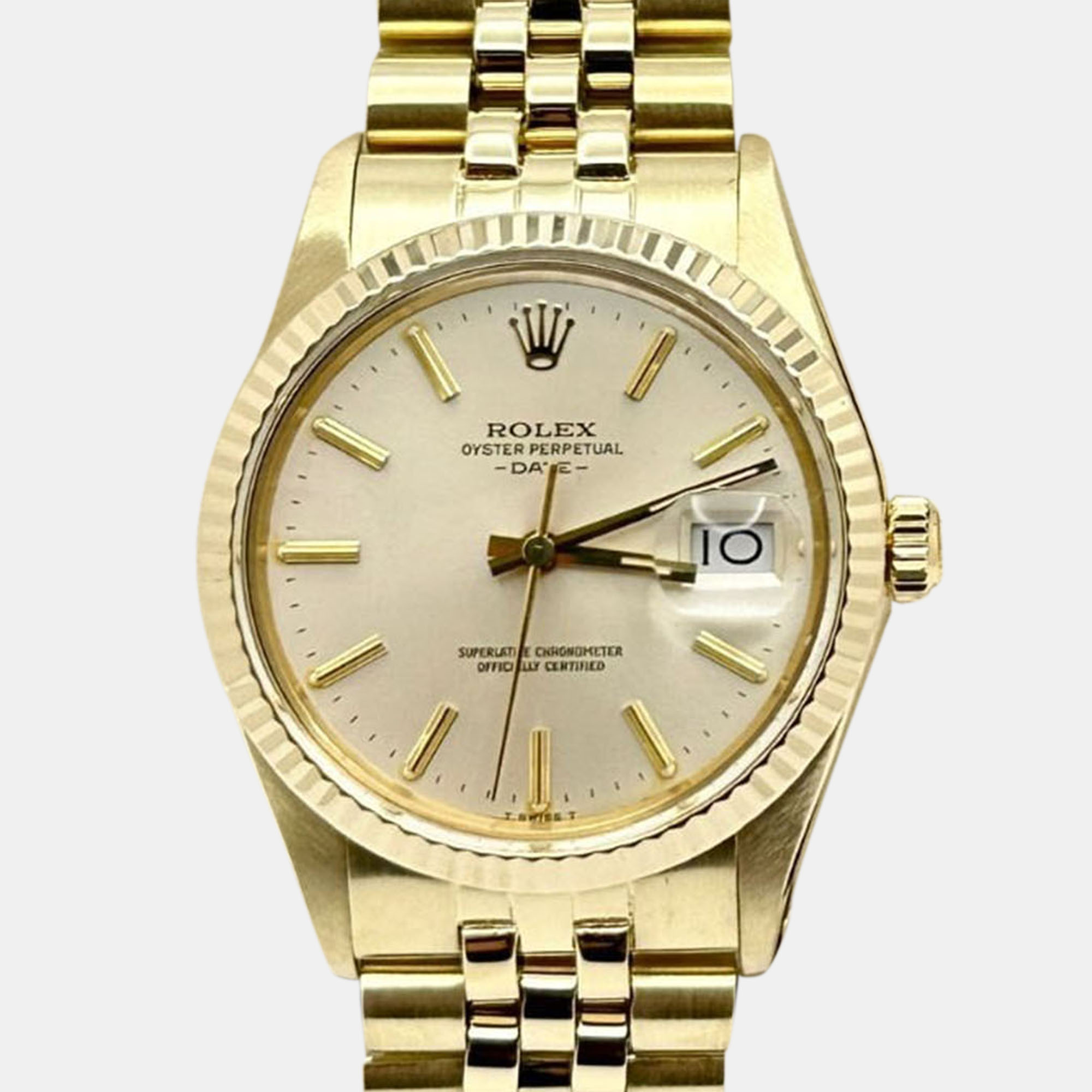 

Rolex Oyster Perpetual Date 15037 Automatic Silver Dial 14k Yellow Gold Men's Wristwatch