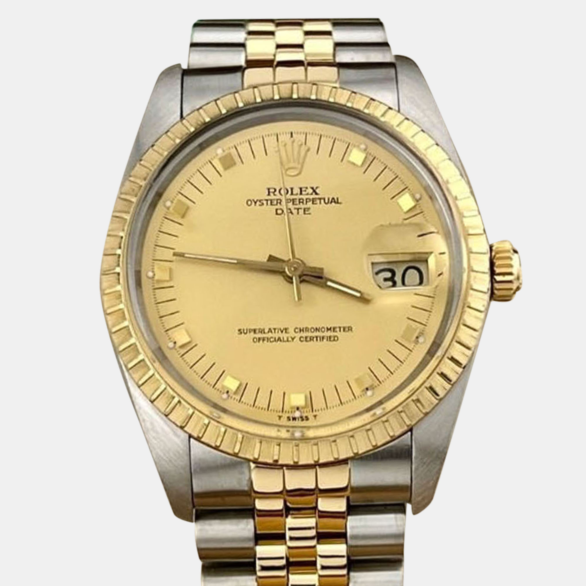 

Rolex Oyster Perpetual Date 15053 Automatic Champagne Dial 18k Yellow Gold Stainless Steel Men's Wristwatch