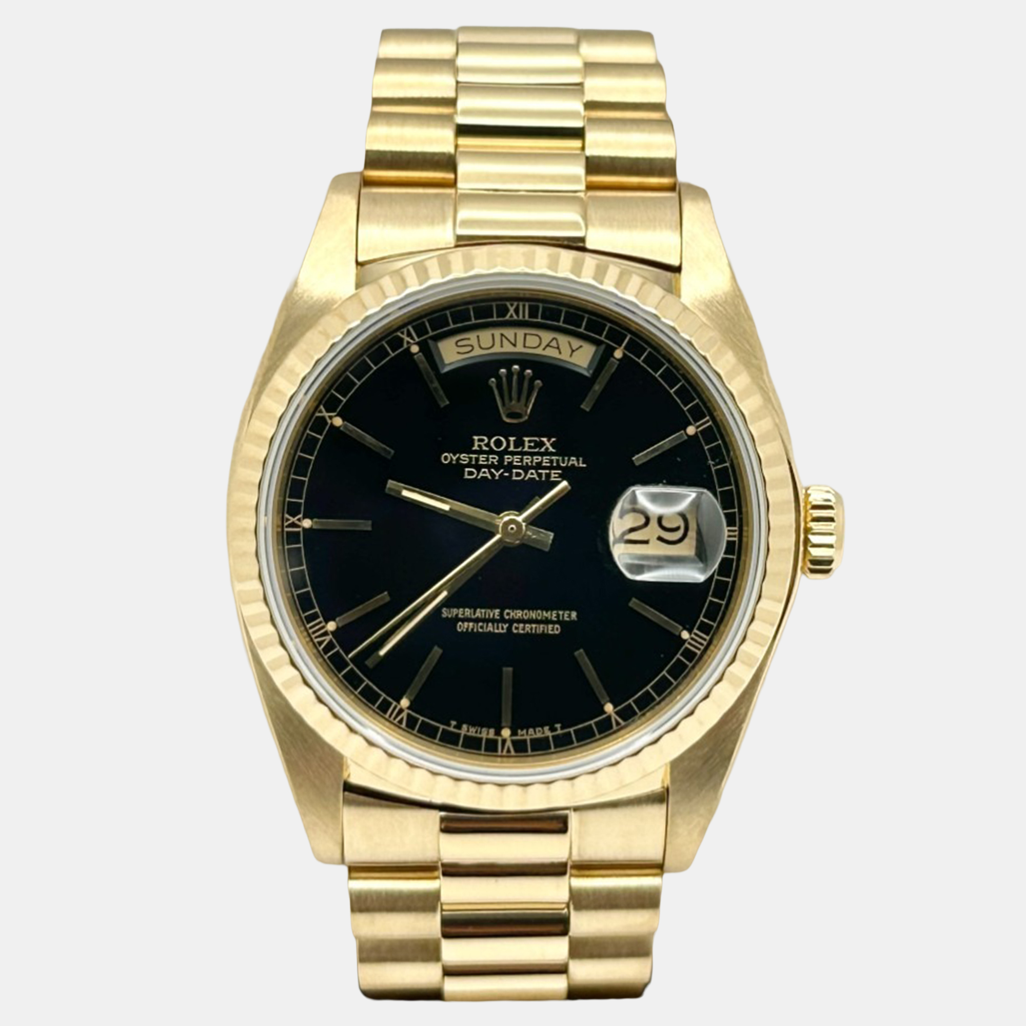 

Rolex Day-Date President 18038 Automatic Black Dial 18K Yellow Gold Men's Wristwatch
