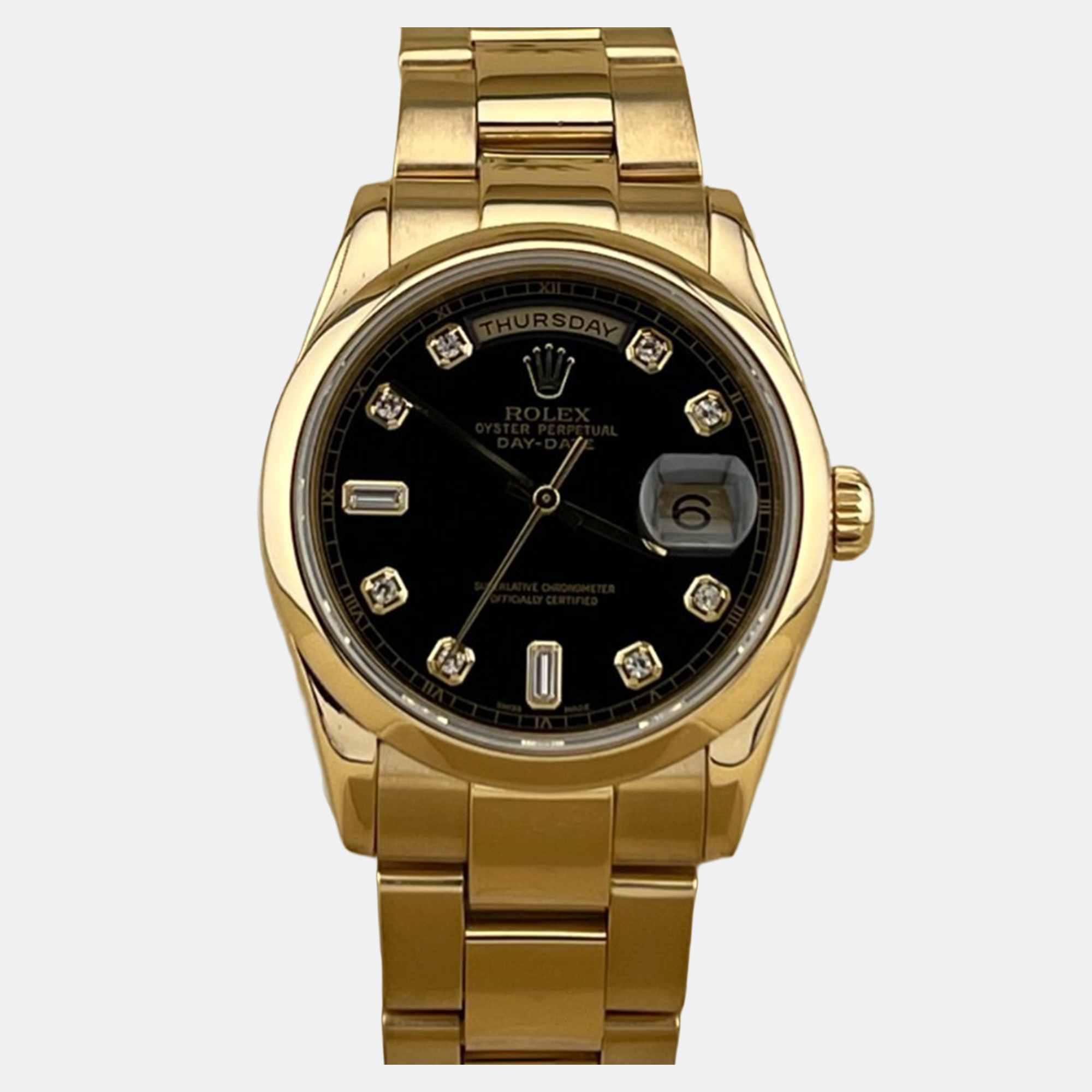 

Rolex Day Date 118208 Automatic Black Diamonds 18k Yellow Gold Men's Wristwatch 36 mm
