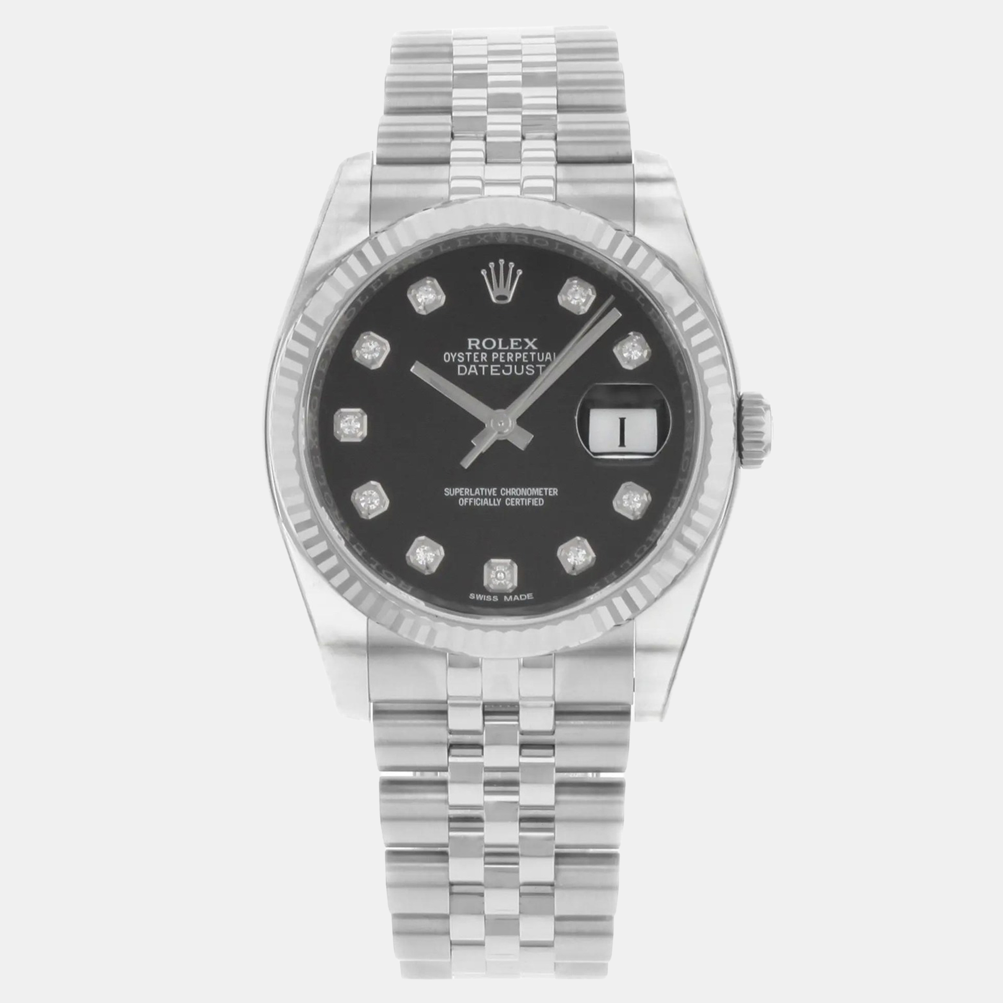 

Rolex Datejust 116234 Automatic Black Diamond Dial 18k White Gold Stainless Steel Men's Wristwatch