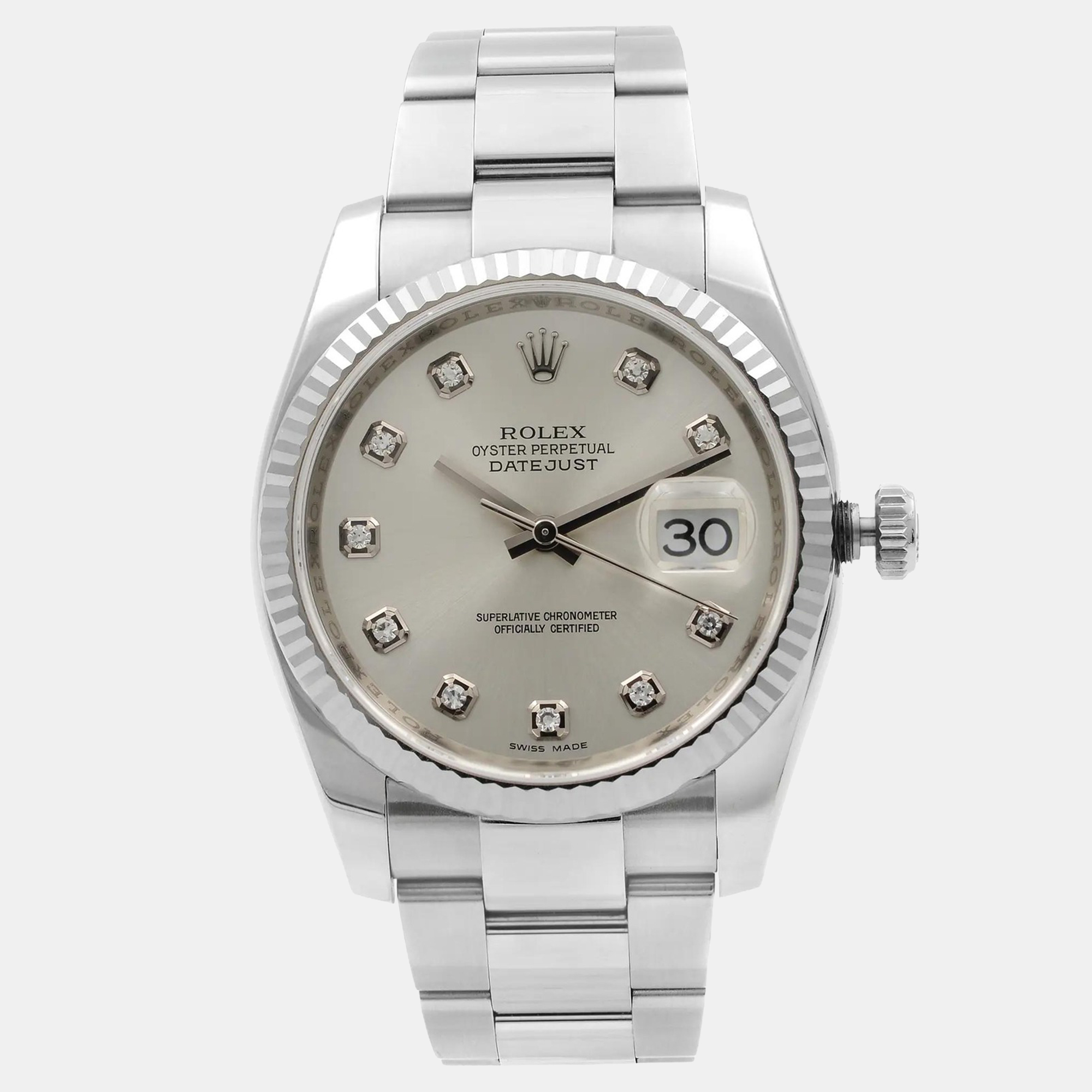 

Rolex Datejust 116234 Automatic Silver Diamond Dial Stainless Steel 18k White Gold Men's Wristwatch