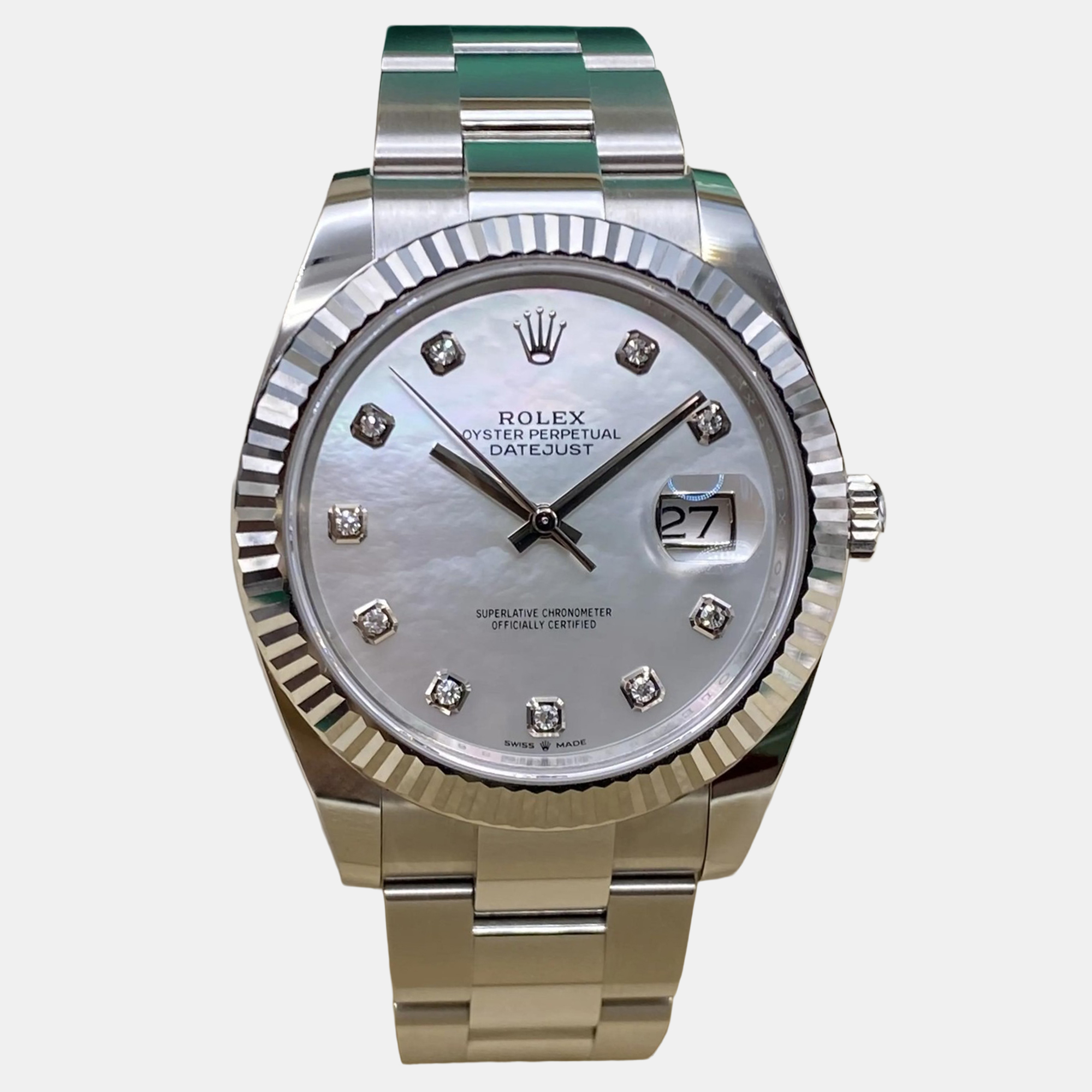 

Rolex Datejust 126334 Automatic Mother of Pearl Diamond Dial Stainless Steel White Gold Men's Wristwatch, Silver