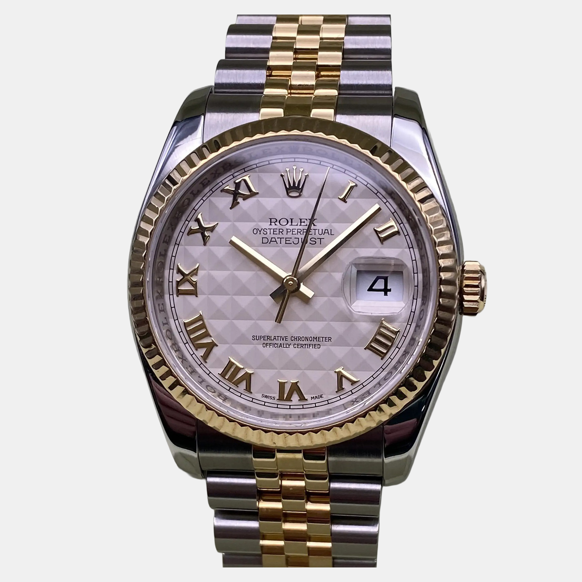 

Rolex Datejust 116233 Automatic Pyramid Dial 18K Yellow Gold Stainless Steel Men's Wristwatch 36 mm, White
