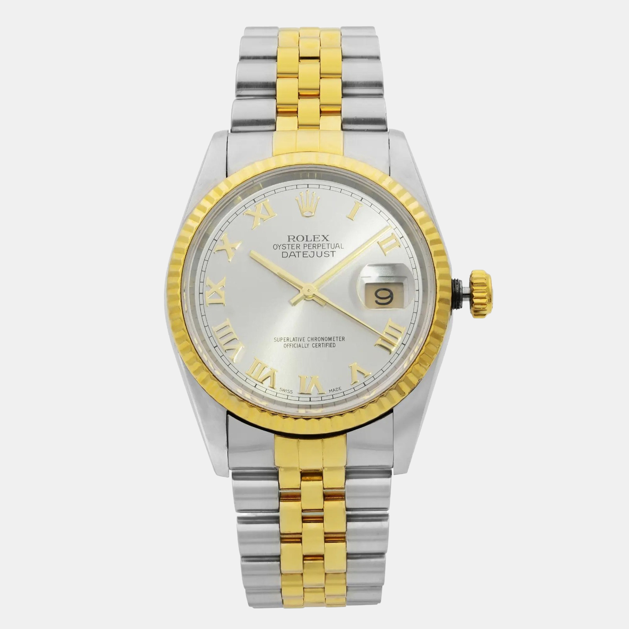 

Rolex Datejust 16233 Automatic Silver Roman Dial Stainless Steel 18K Yellow Gold Men's Wristwatch 36 mm