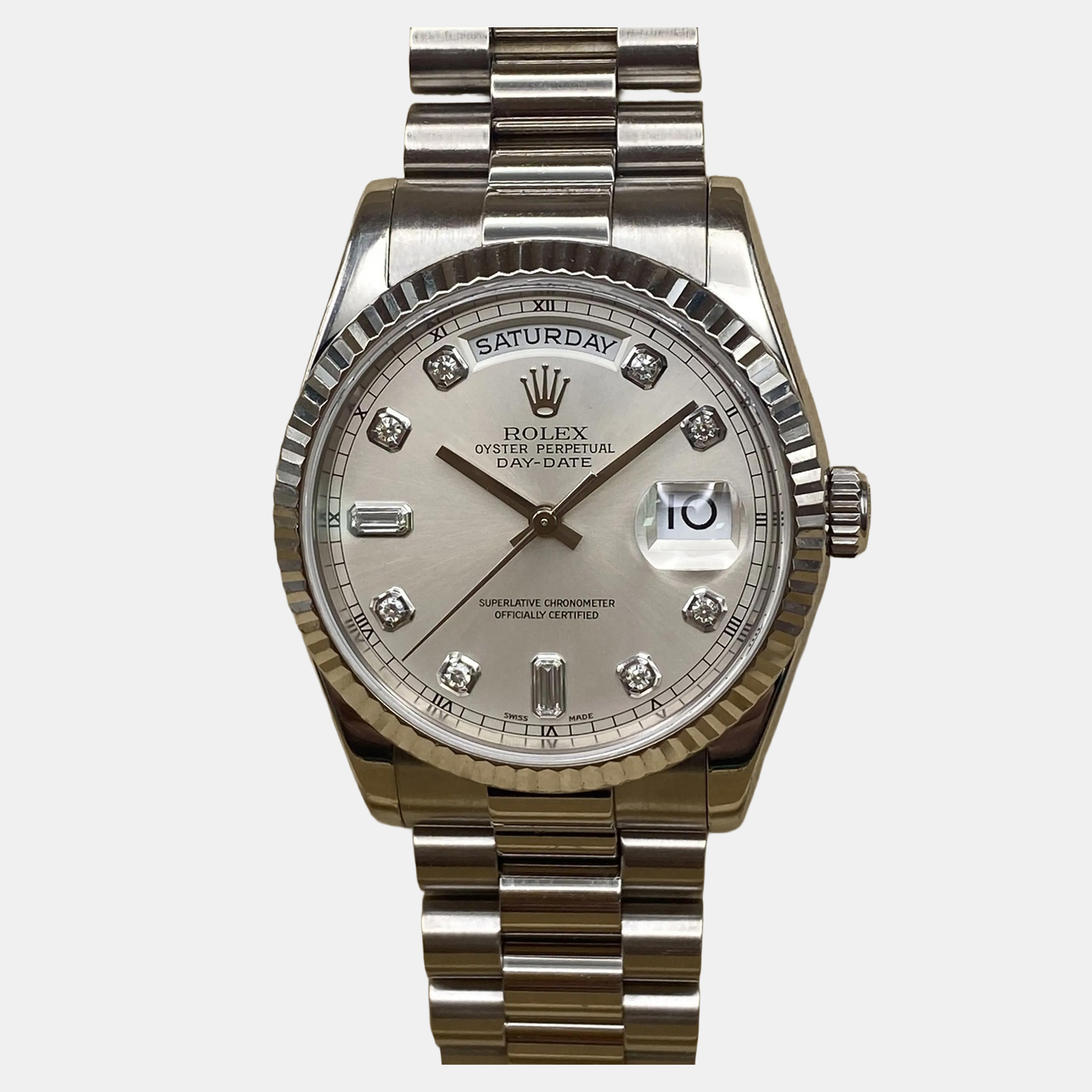 

Rolex Day-Date 118239 Automatic Silver Diamond Dial 18k White Gold Wristwatch