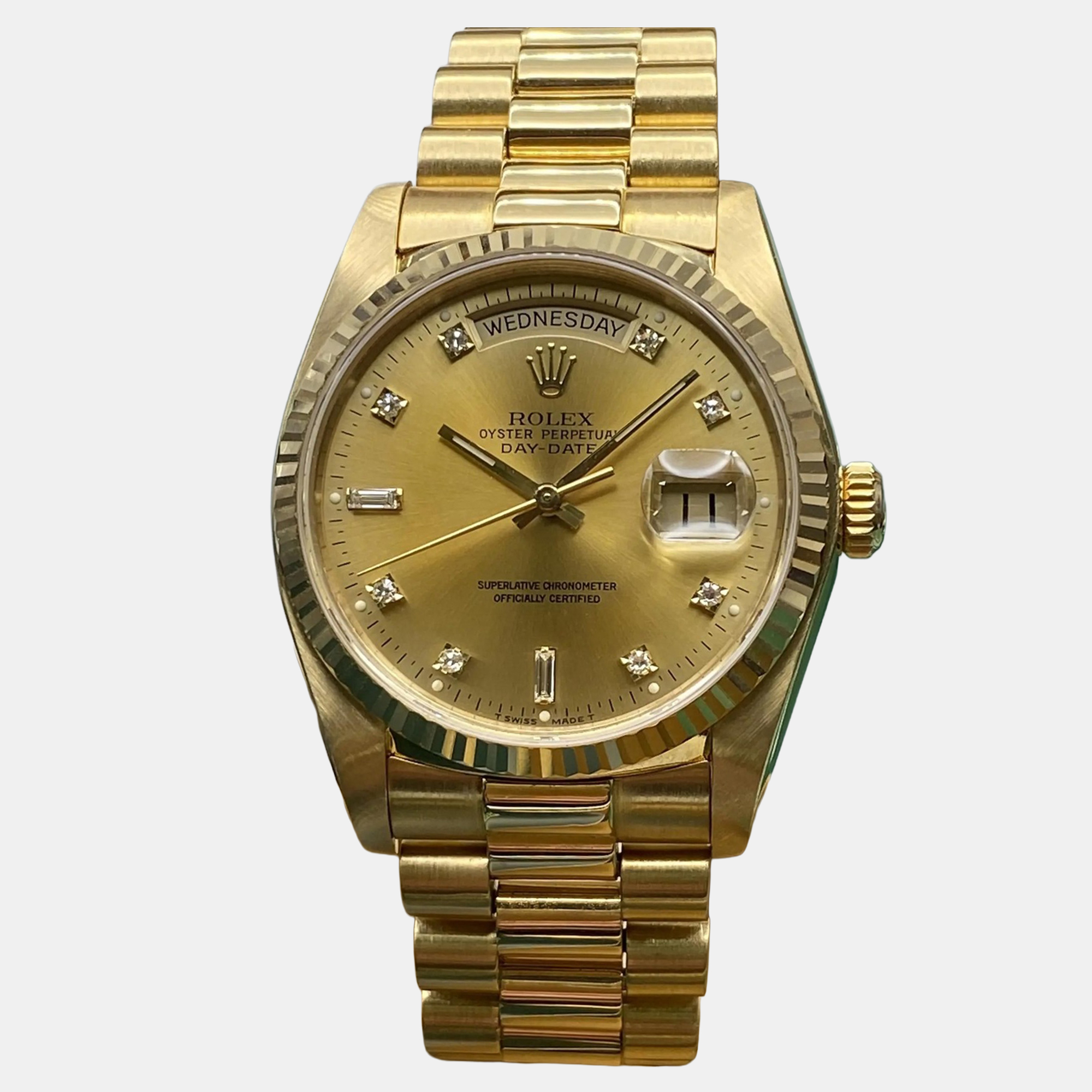 

Rolex Day-Date 18038 Automatic Champagne Dial Yellow Gold Diamond Men's Wristwatch
