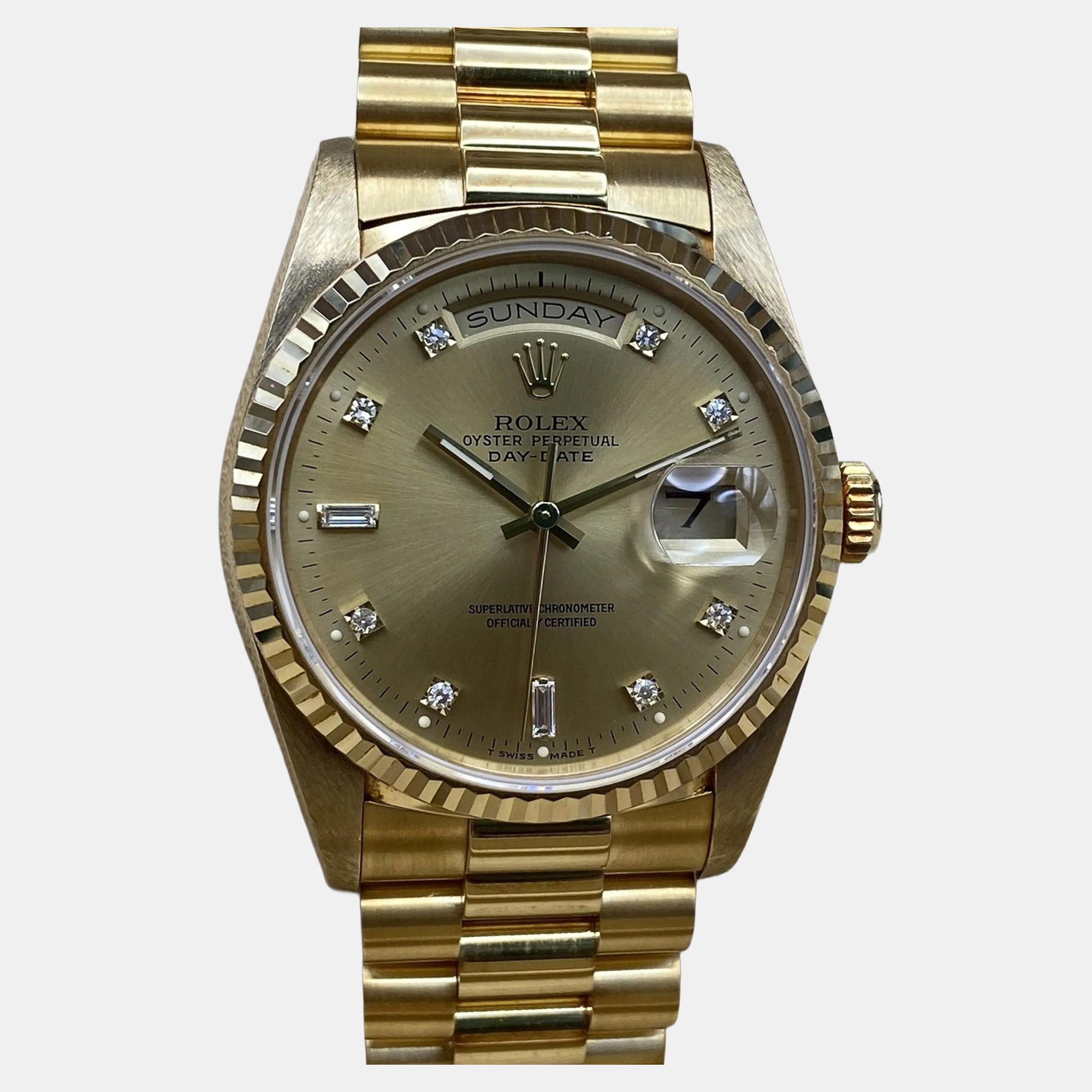

Rolex President Day-Date 18238 Automatic Champagne Diamond Dial 18k Yellow Gold Men's Wristwatch