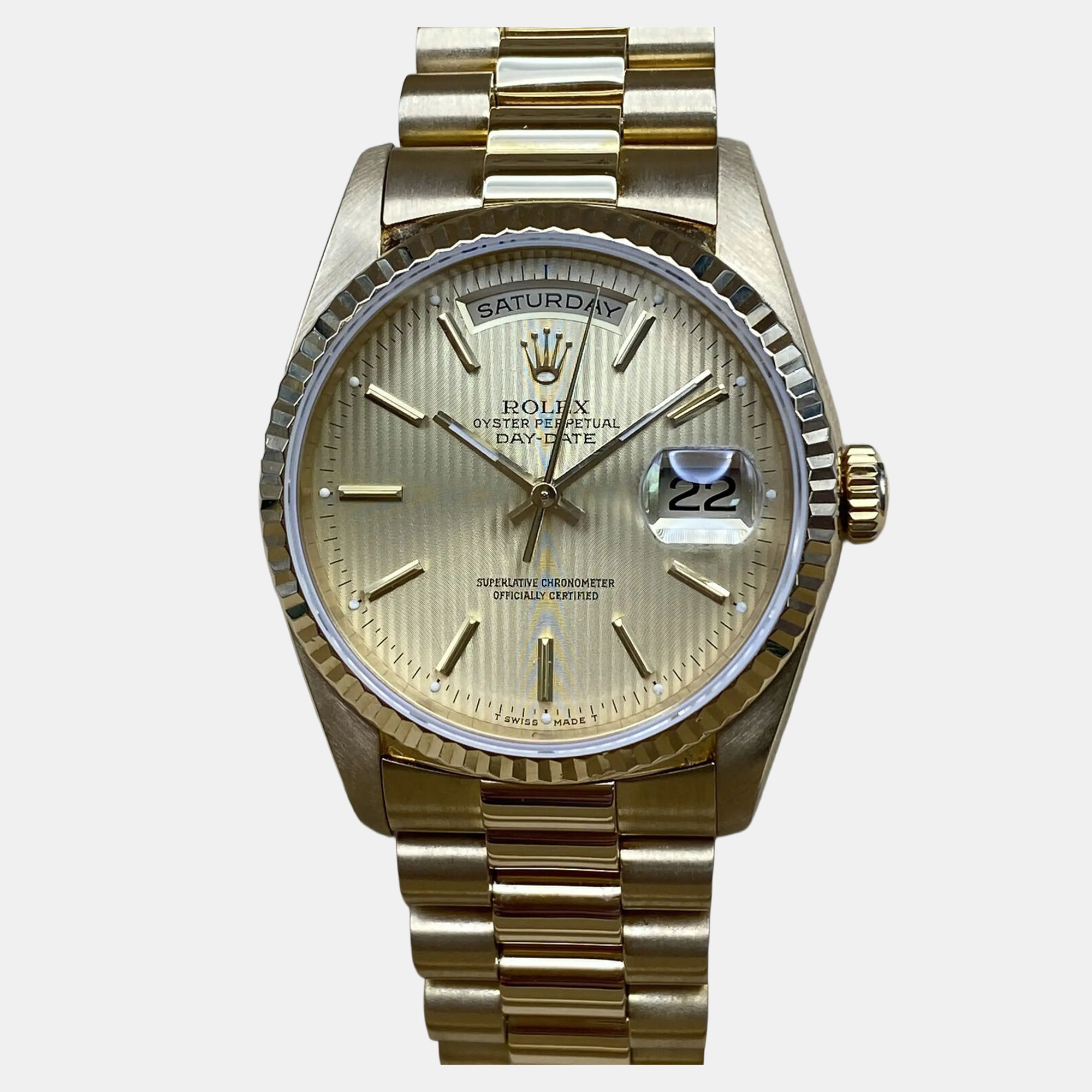 

Rolex Day-Date 18238 Automatic Champagne Tapestry Dial Yellow Gold Men's Wristwatch