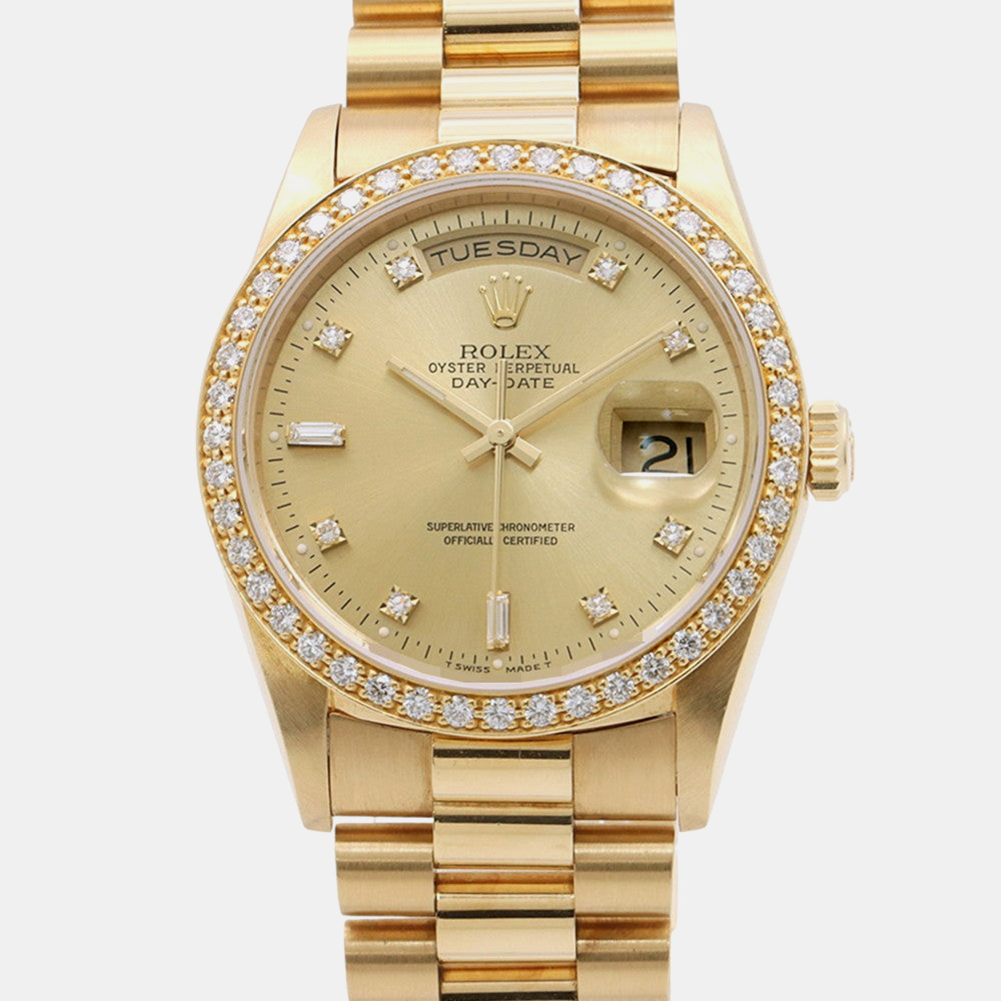 Rolex DayDate 18348A Champagne 18K Yellow Gold Diamond Automatic Mens Wristwatch 36mm