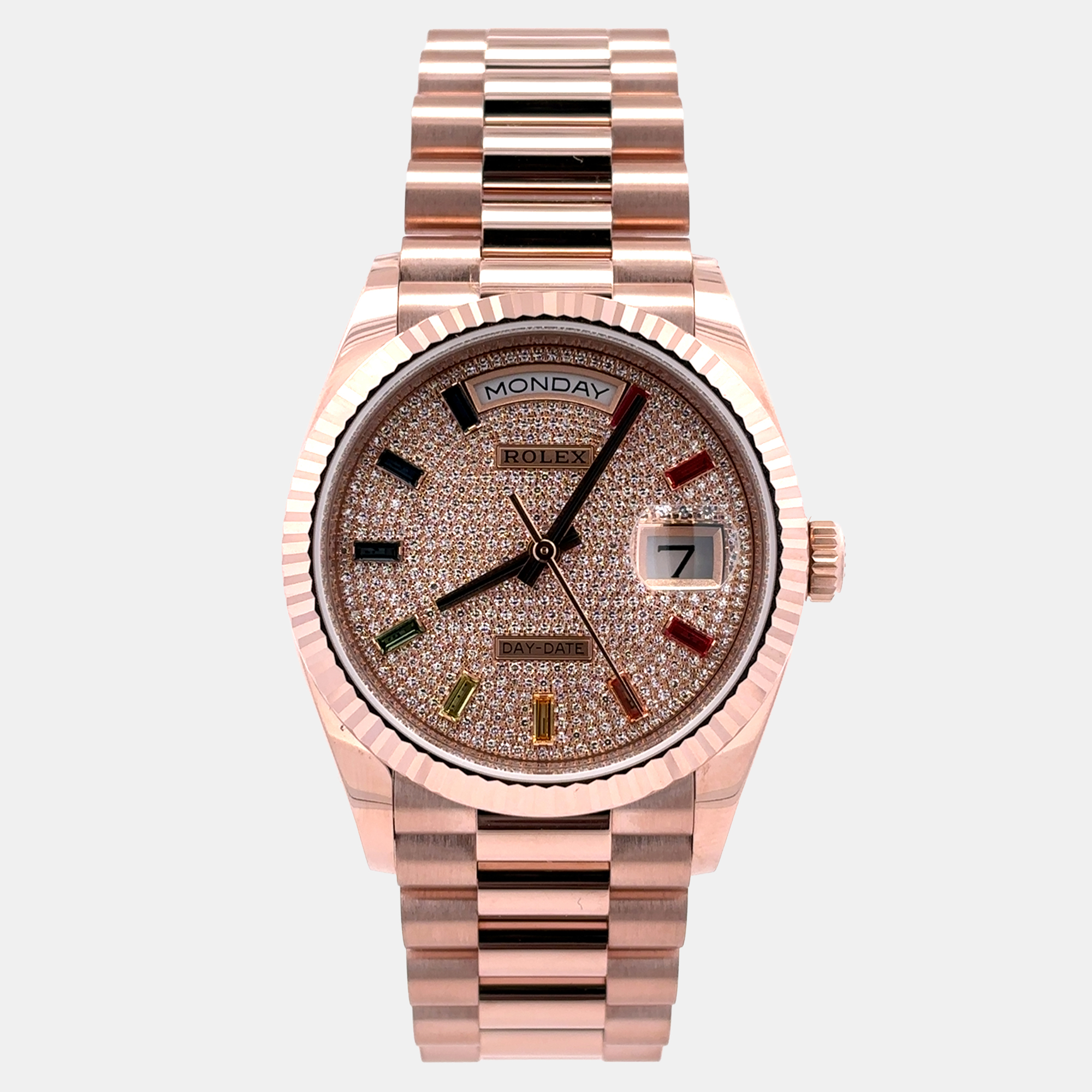 Rolex Day-Date 128235 Diamond Pave Rose Gold Automatic Men's Wristwatch 36mm