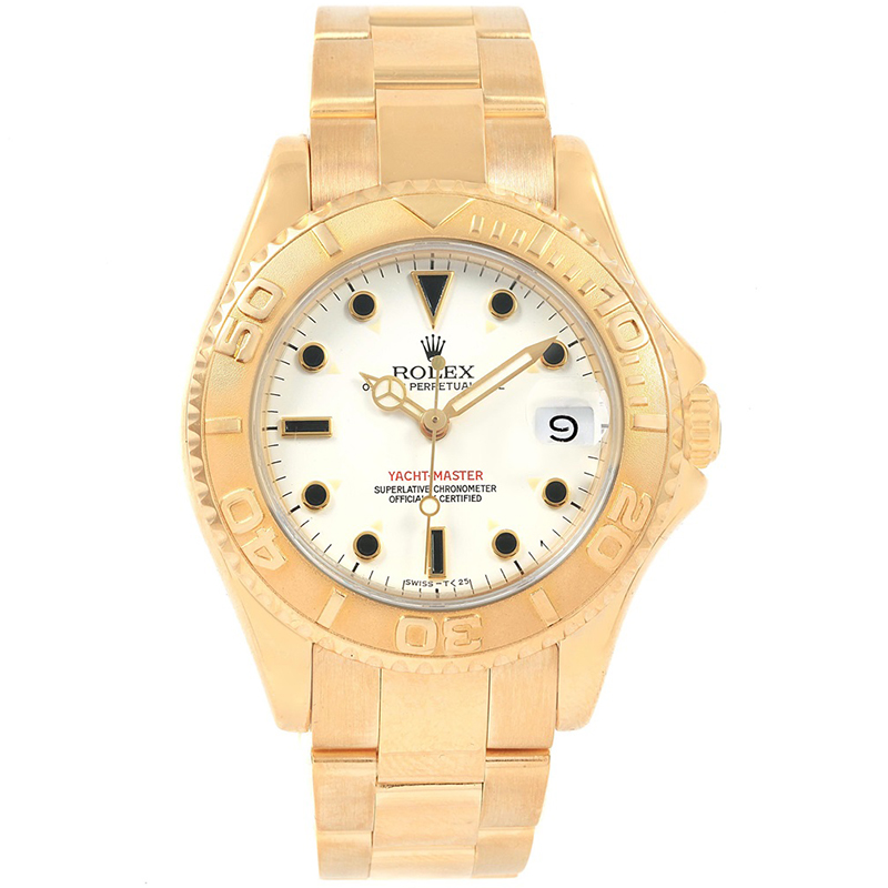 Pre-owned Rolex White 18k Yellow Gold Yachtmaster Midsize Men's Wristwatch 35mm