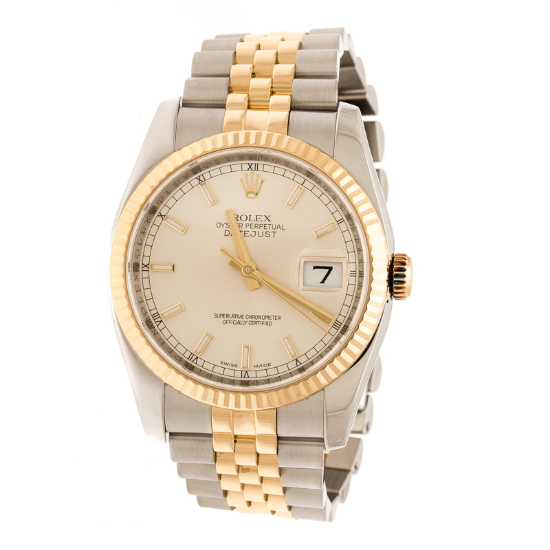Rolex Silver White 18K Yellow Gold Stainless Steel Oyster Perpetual Datejust 116233 Men's Wristwatch 36 mm