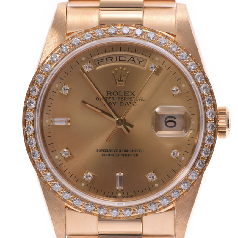

Rolex Champagne Yellow Gold and Diamond Day-Date18348A Men's Wristwatch, Brown