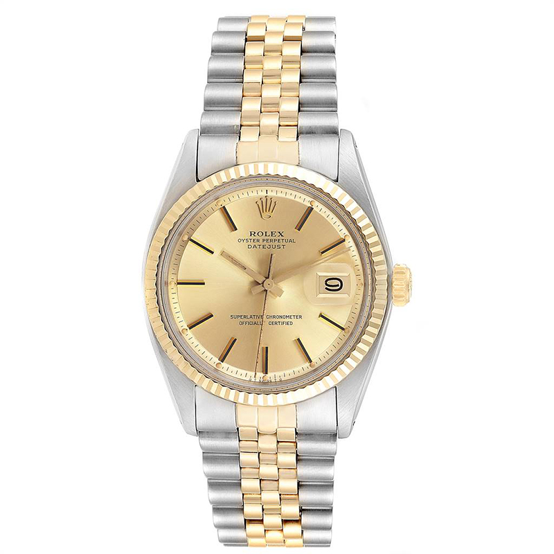 Pre Owned Rolex Champagne 14K Yellow Gold Stainless Steel Datejust 1601 Men's Wristwatch 34 MM