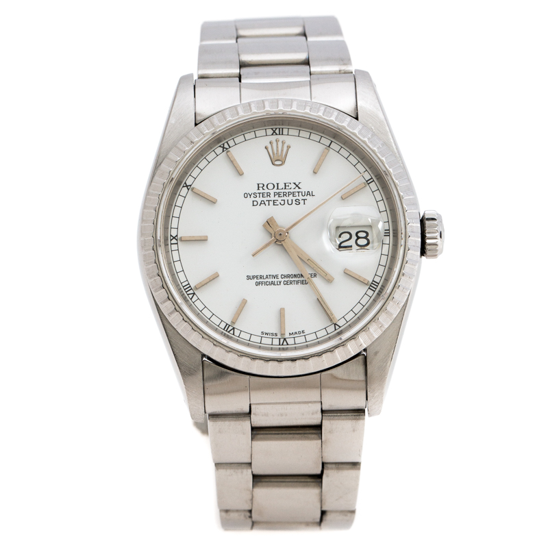 مملوكة مسبقًا Rolex White Stainless Steel Datejust 16220 Men's Wristwatch 36 mm