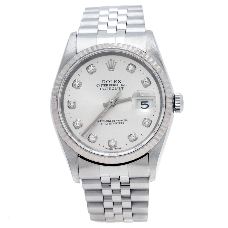 Rolex Silver Stainless Steel Diamonds Datejust 16234 Men's Wristwatch 36 mm