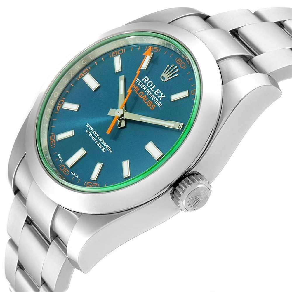 

Rolex Blue Green Crystal Stainless Steel Milgauss