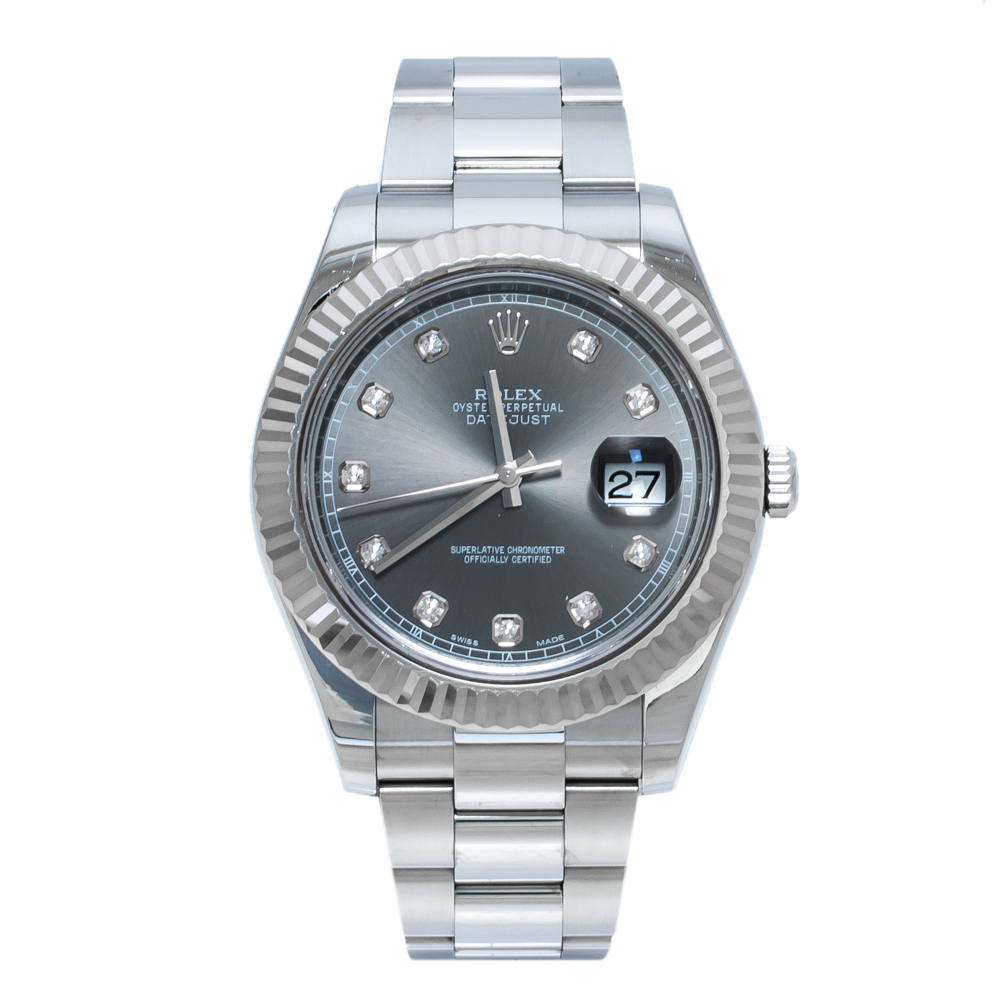 Pre Owned Rolex Grey Sunburst 18K White Gold Stainless Steel Diamond Datejust 116334 Men's Wristwatch 41 mm