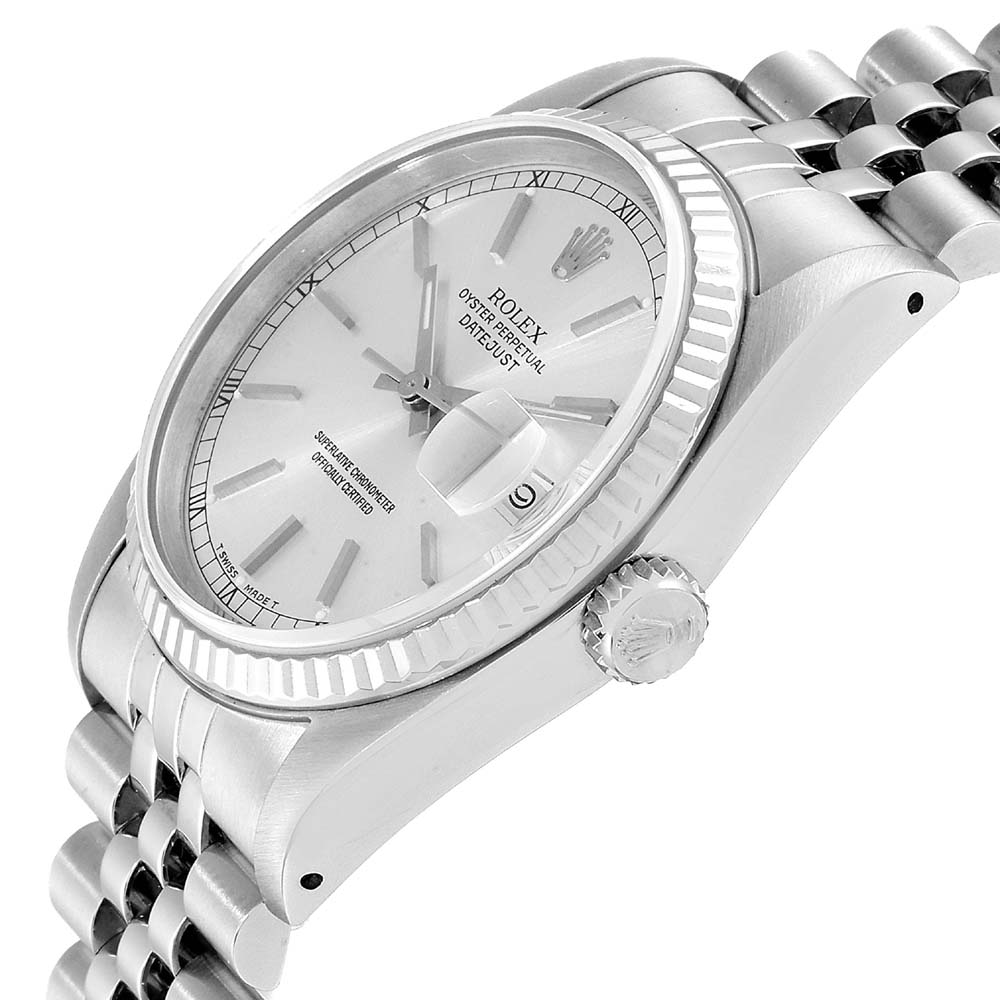 

Rolex Datejust Silver Dial Fluted Bezel Steel White Gold Mens Watch