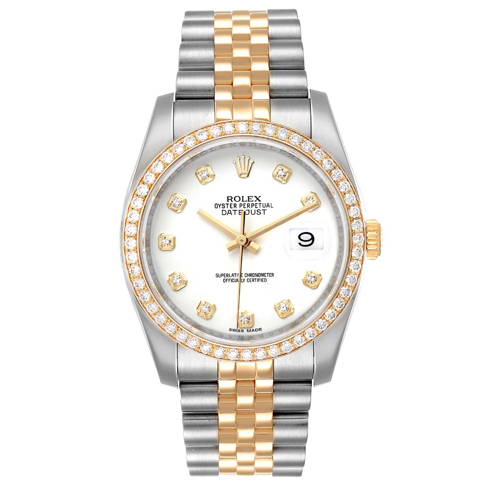 Click to view more detailed imagery on our partner's website Pre-owned Rolex White Diamonds 18k Yellow Gold And Stainless Steel Datejust 116243 Men's Wristwatch 36 Mm
