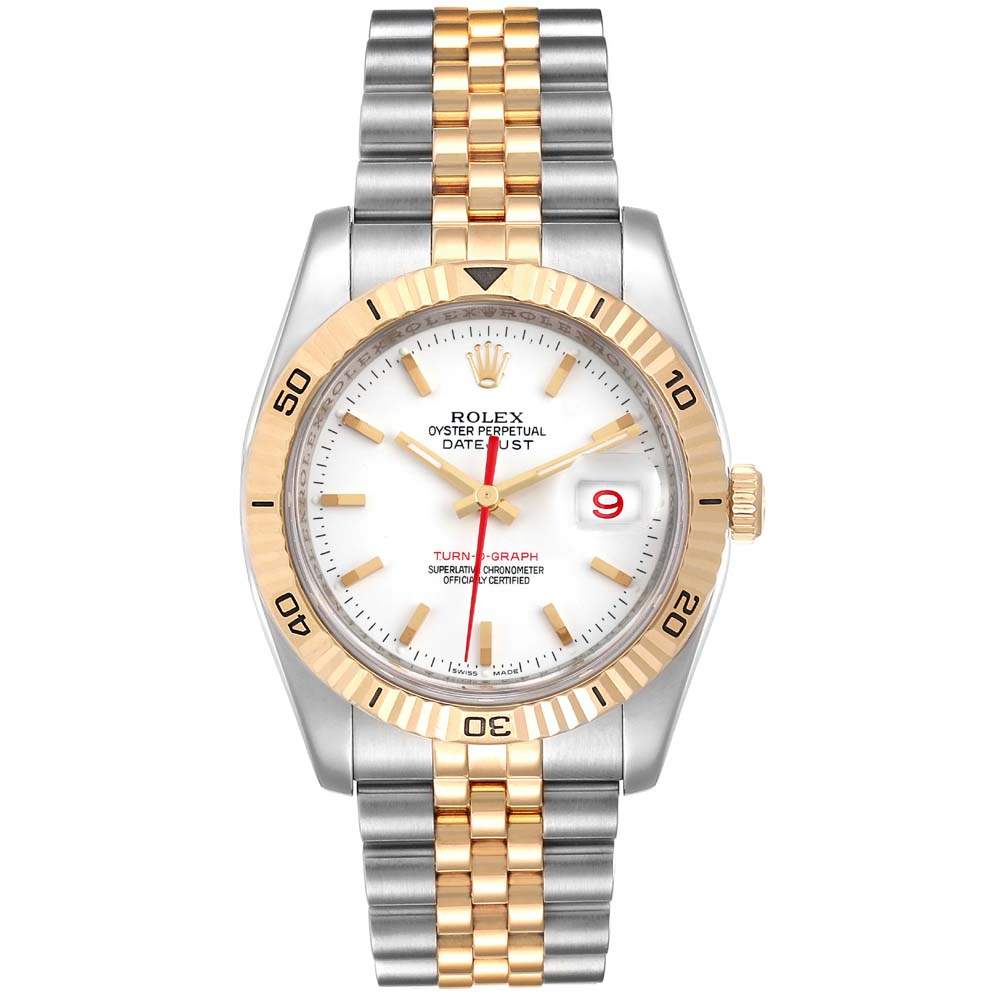 Click to view more detailed imagery on our partner's website Pre-owned Rolex White 18k Yellow Gold And Stainless Steel Datejust Turnograph 116263 Men's Wristwatch 36 Mm