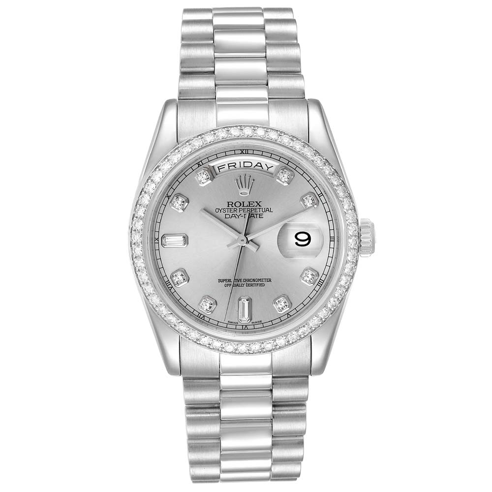 Click to view more detailed imagery on our partner's website Pre-owned Rolex Silver Diamonds Platinum President Day-date 118346 Men's Wristwatch 36 Mm