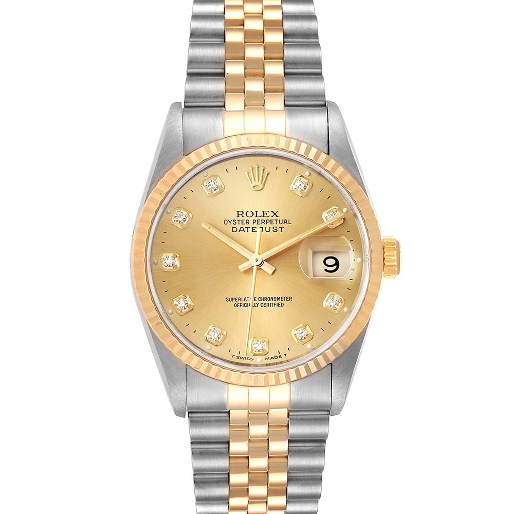 ROLEX CHAMPAGNE DIAMONDS 18K YELLOW GOLD AND STAINLESS STEEL DATEJUST 16233 MEN'S WRISTWATCH 36 MM
